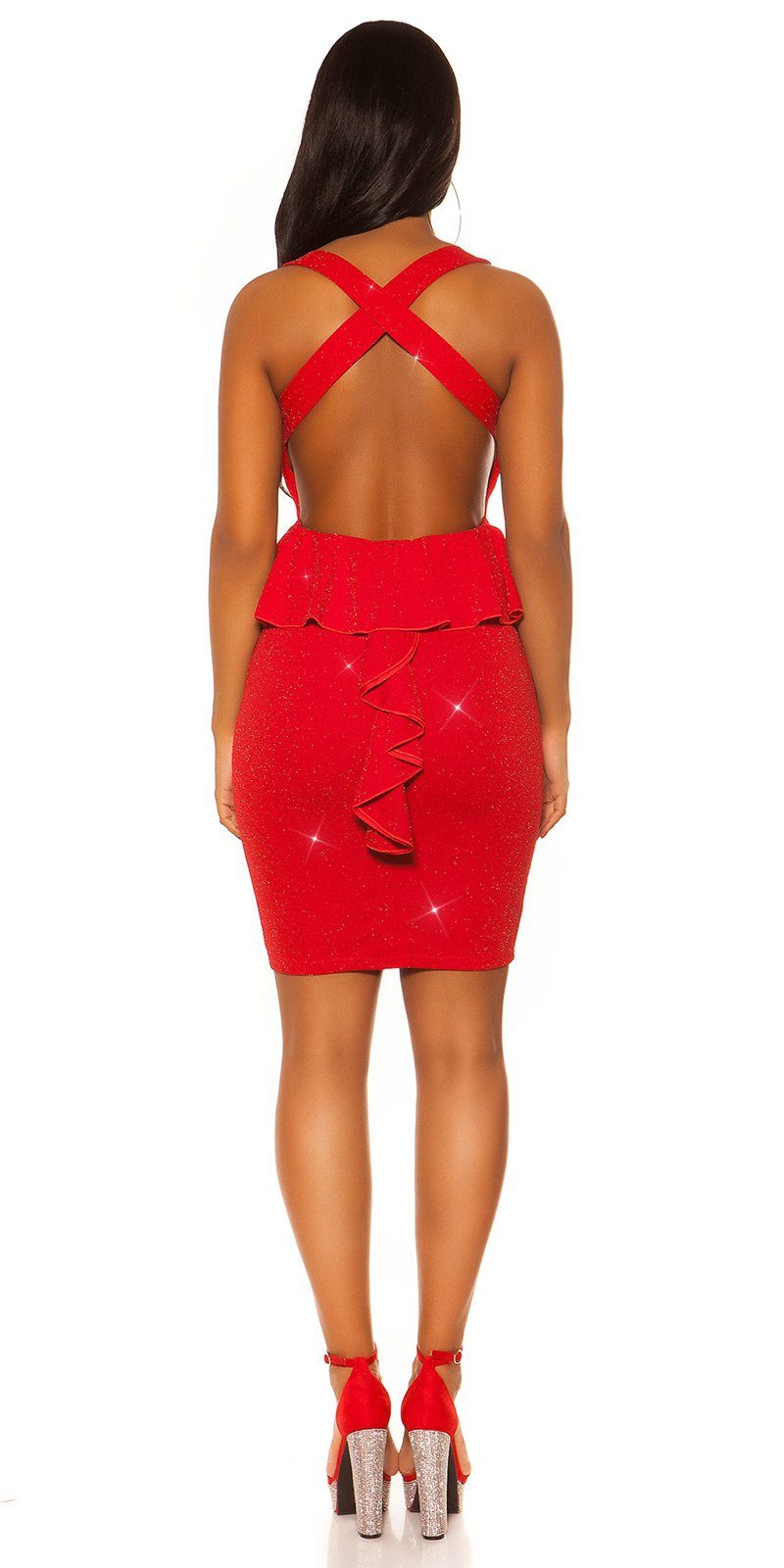 Minikleid rot mit und Rücken Schößchen Glitzer Partykleid offenem Cocktailkleid Koucla