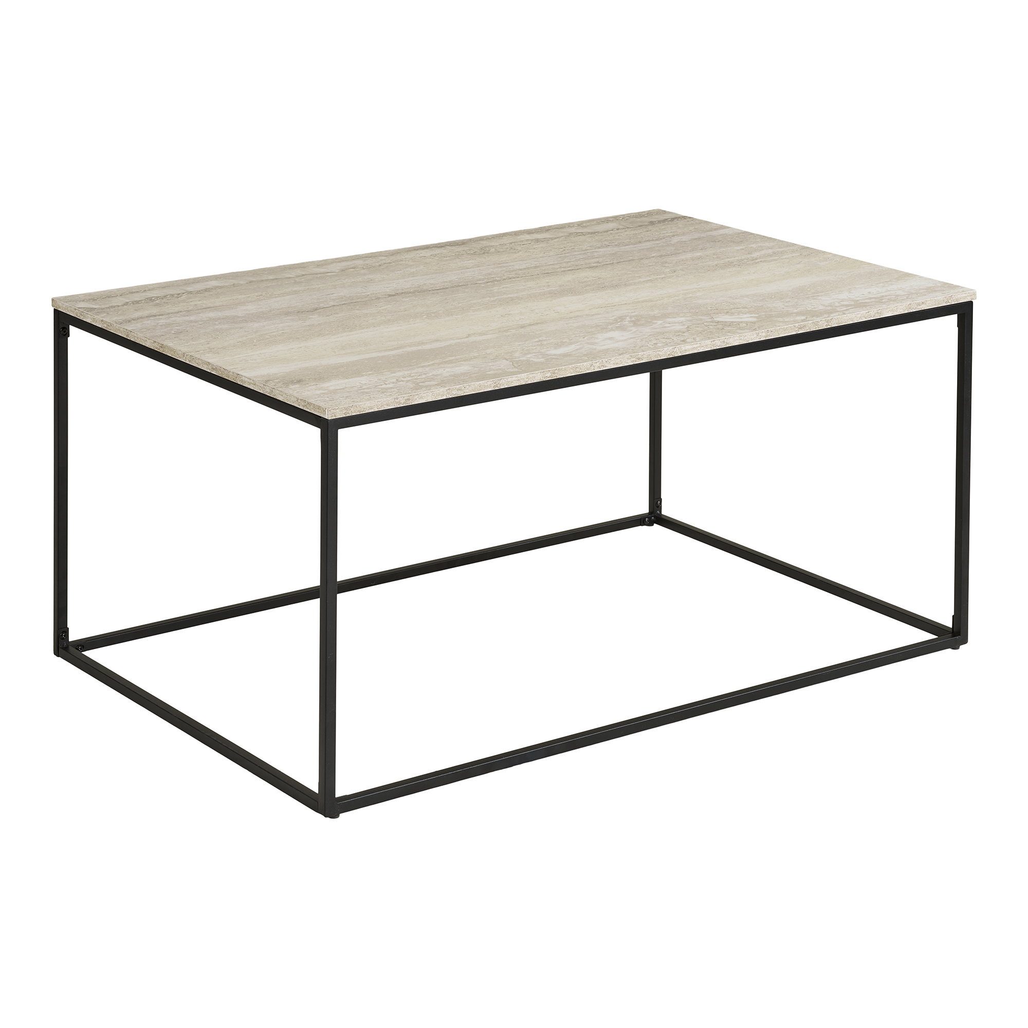 tinkaro Couchtisch Vita Travertin-Optik 90x60x45 cm Schwarz Beige (1-St), Stabiler Sofatisch mit Ablagefläche und schwarzem Rahmen aus Stahl