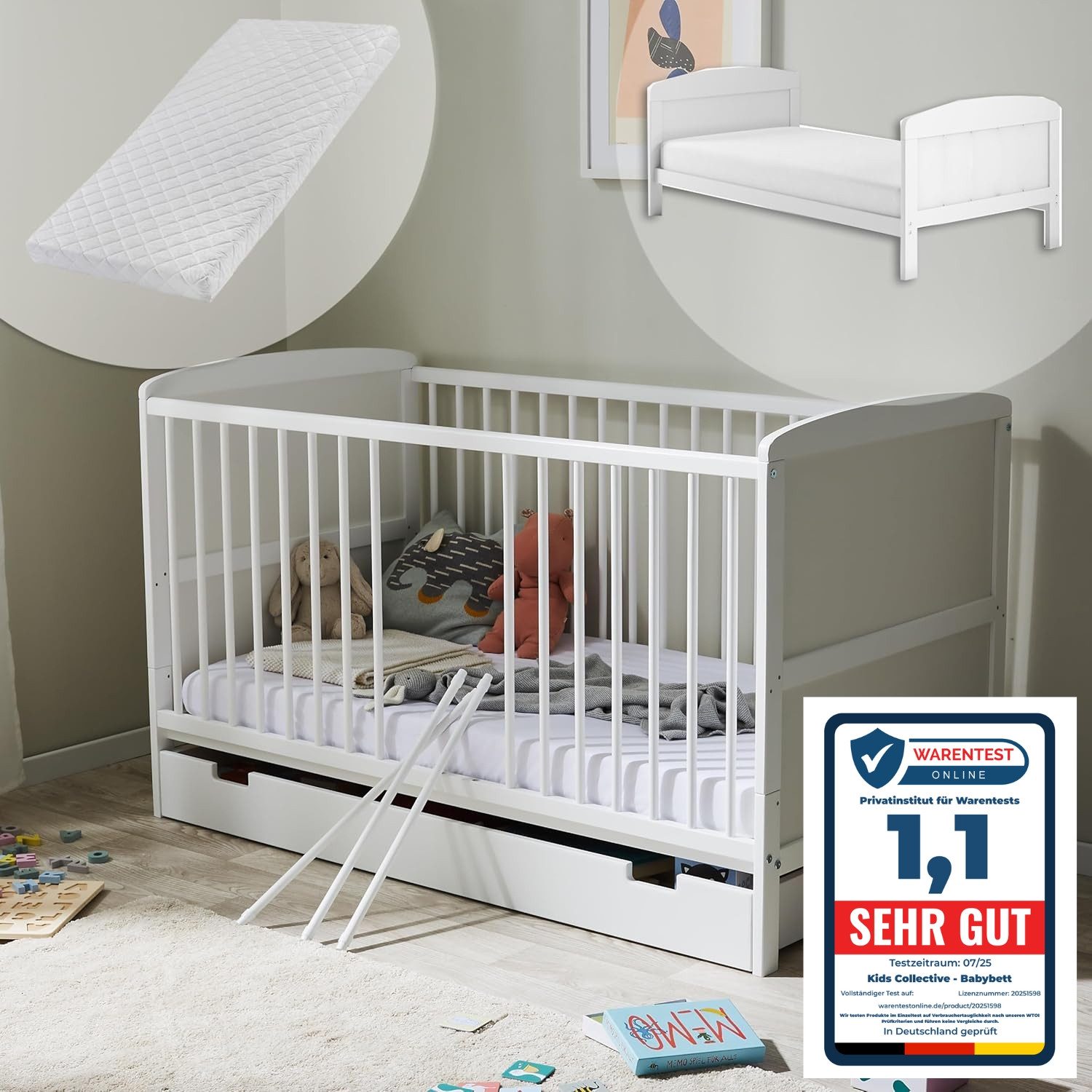 Kids Collective Babybett Kinderbett 70x140 cm umbaubares Gitterbett höhenverstellbar, herausnehmbare Sprossen, weiss Kiefer, mit Schublade und Matratze