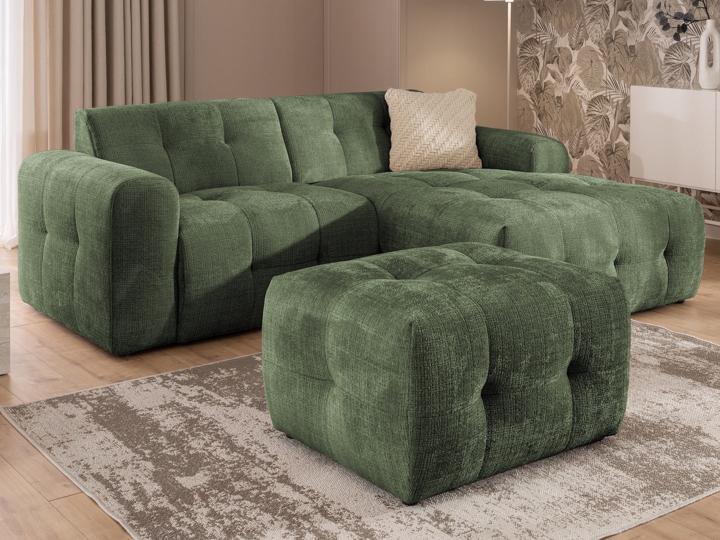 S-Style Möbel Ecksofa und Hocker Kozy Bumpy Design mit Schlaffunktion & fester Rückenlehne, aus weichem Chenille-Stoff, mit Wellenfederung