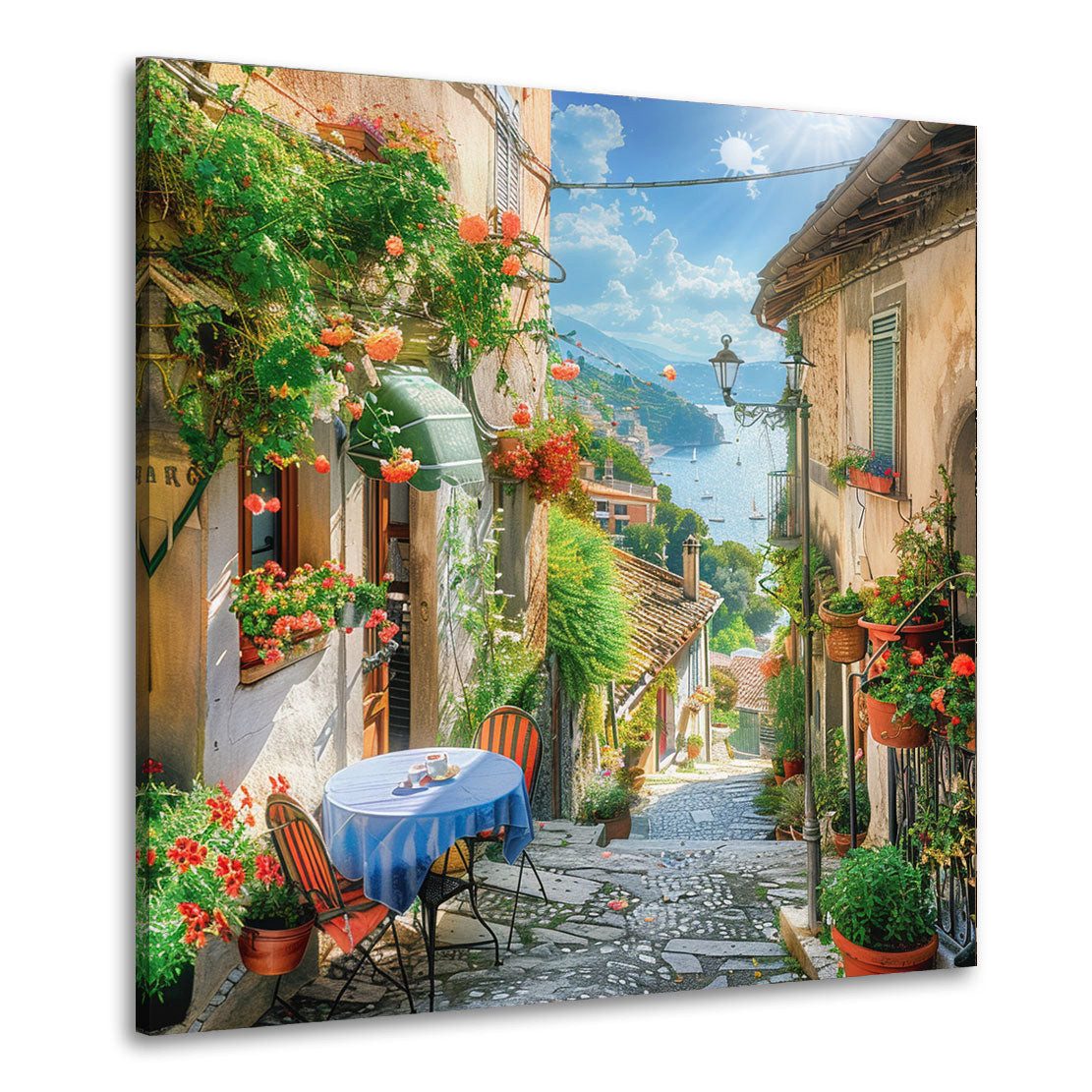 Artedinoi Leinwandbild Toskanische Altstadt Café Terrasse Italien Leinwandbild Wandbild Kunst, Toskanische Altstadt mit Café