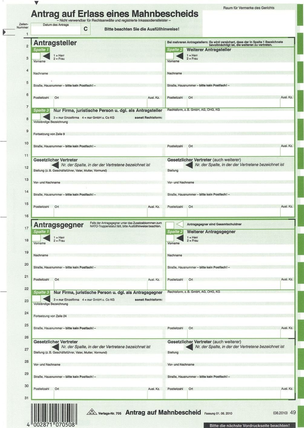 RNK Verlag Formularblock 10 RNK-Verlag Mahnbescheid für maschinelle Bearbeitung Formulare 705/1