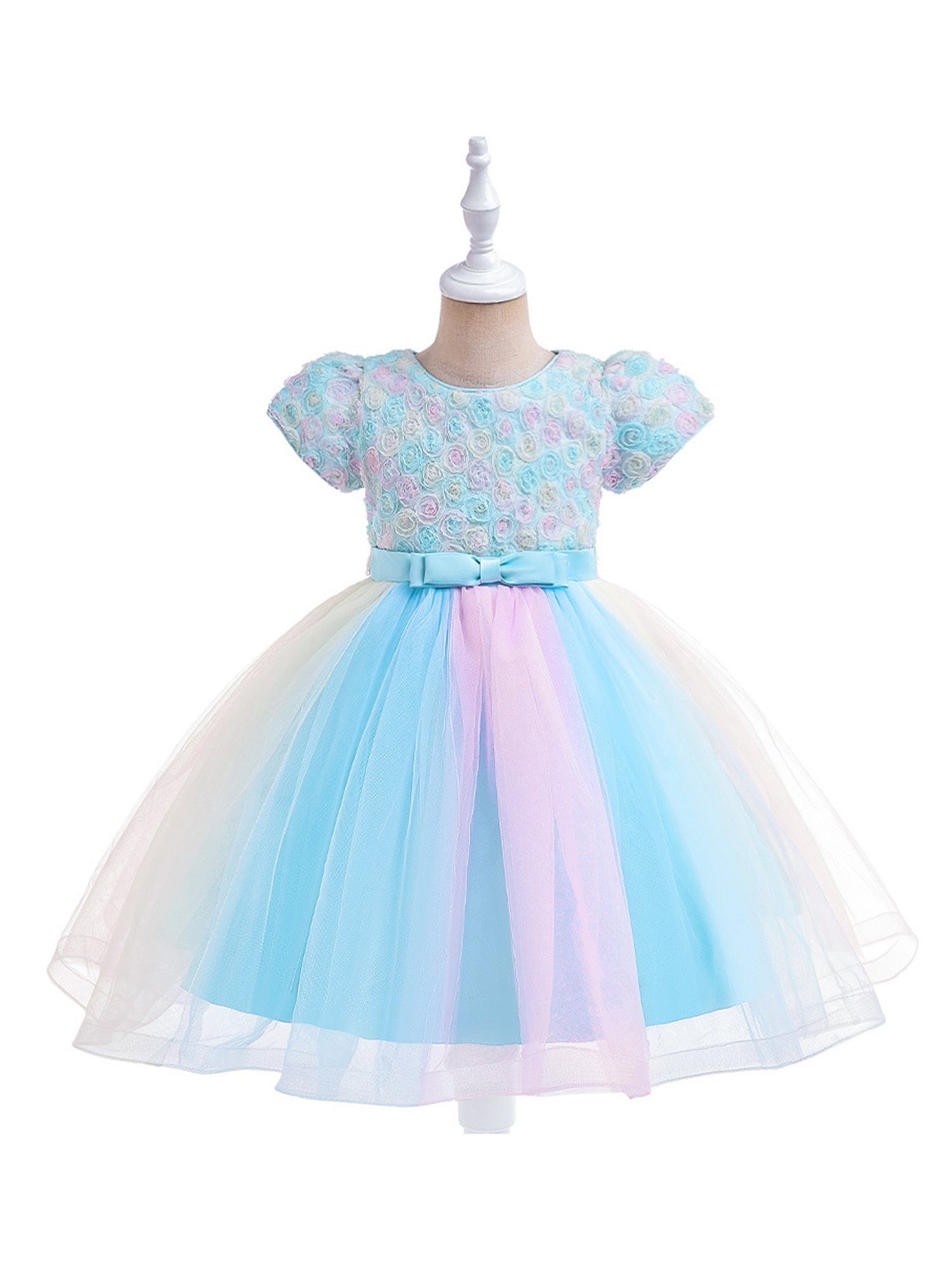 Tüll Prinzessinnenkleid dreidimensionalen aus mit Netzblumen Blau LAPA Mädchen Abendkleid