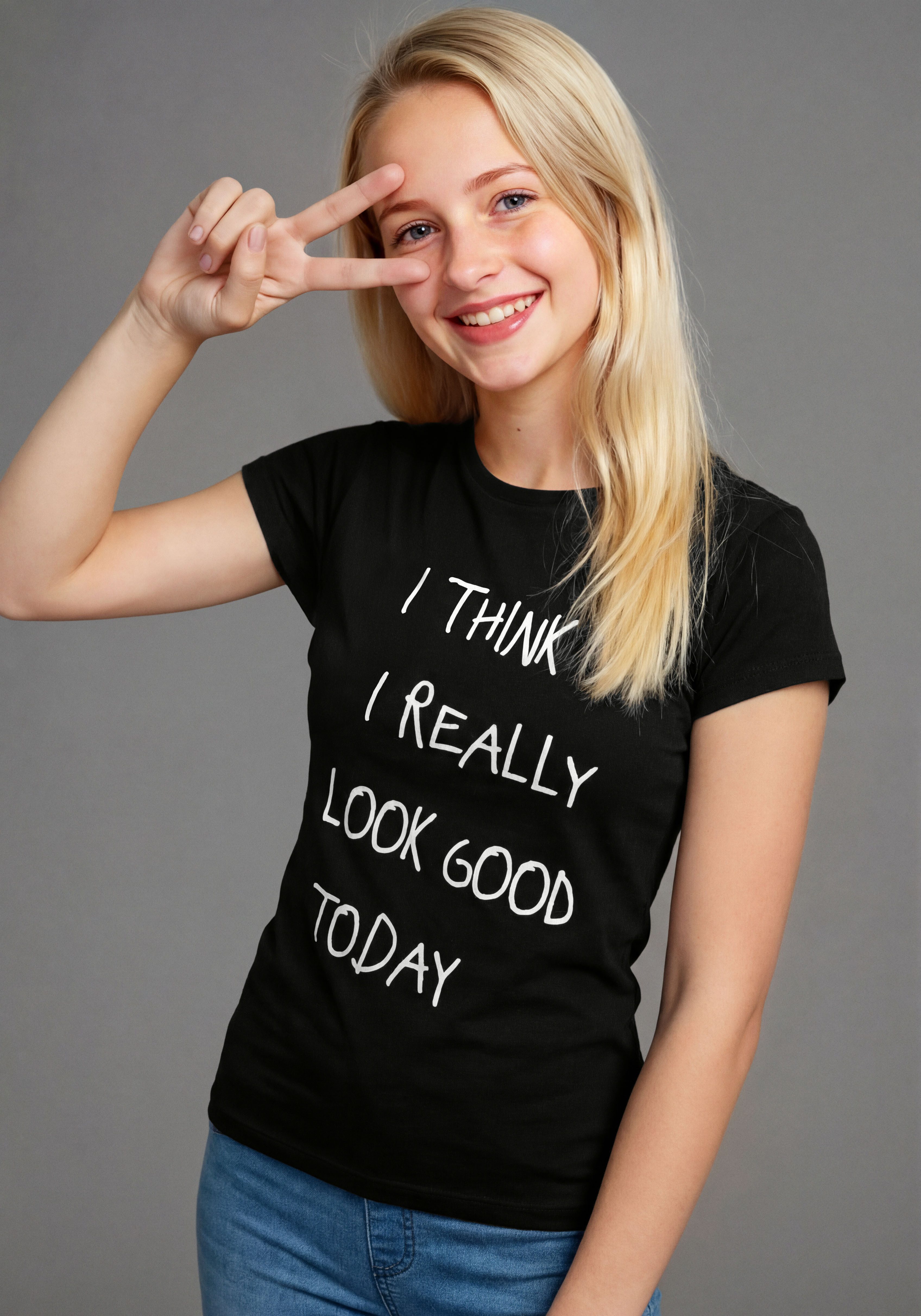 KIDSWORLD T-Shirt Lässiger Spruch: I THINK I LOOK REALLY GOOD TODAY für Mädchen, Kurzarm, Rundhalsausschnitt, mit Statement-Sprüchen