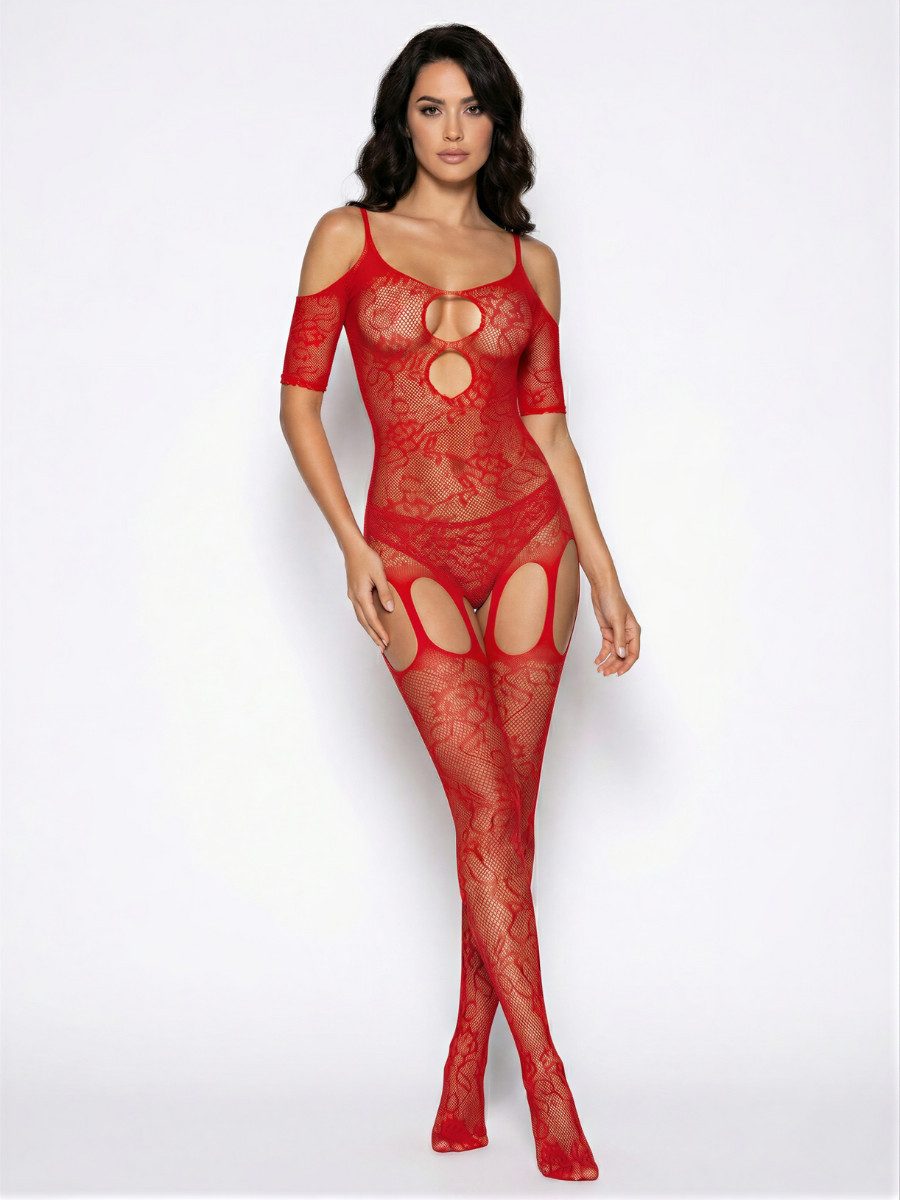 Elegant Love Bodystocking-Ouvert Bodystocking aus Netzspitze – Dessous mit offenem Schritt Netz-Catsuit – figurbetonte Reizwäsche aus Mesh, schulterfrei
