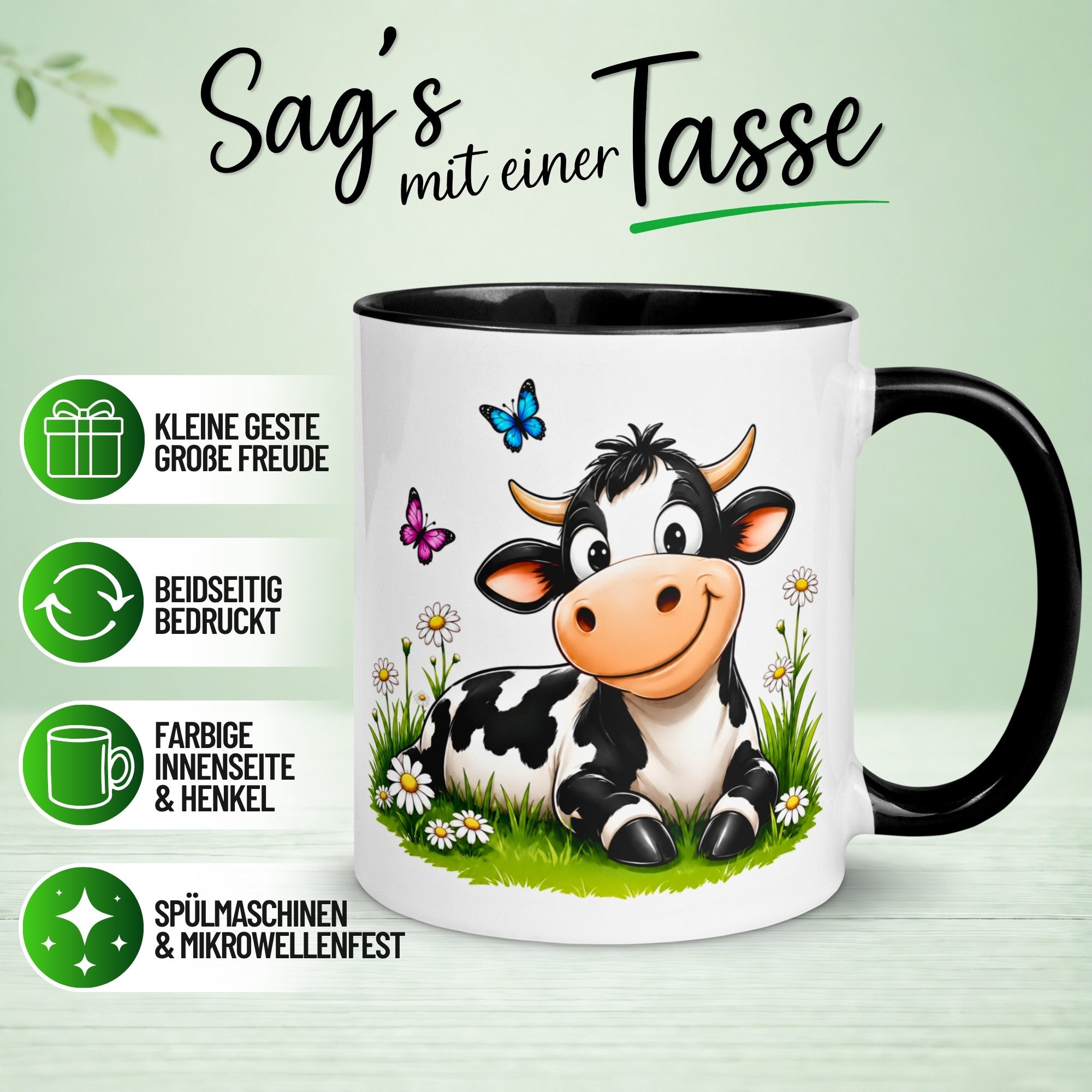 Momentals Tasse Kuh – „Süße Kuh auf der Wiese“ – Geschenk Becher für Landwirte, Gratis Versand · Links-&Rechtshänder · Spülmaschinenfest