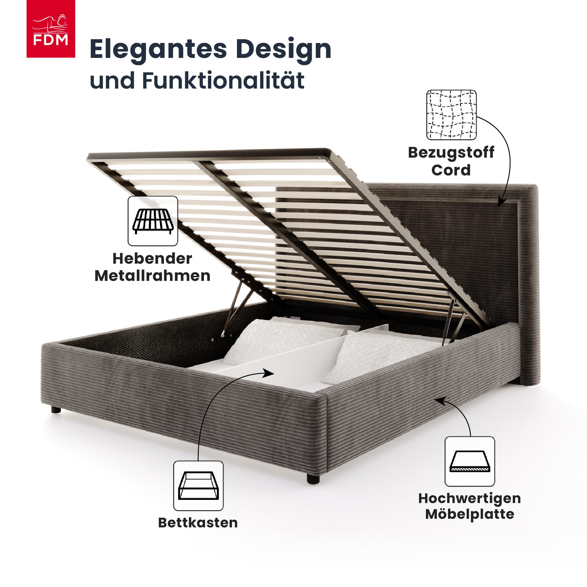 FDM Polsterbett BUSCA modern mit Bettkasten MADE IN EU - mit Cord Bezug (verfügbar 90x200 120x200 140x200 160x200 180x200cm, Bettrahmen, Bett, mit großen gepolsterten Kopfteil, mit Bettkasten zum aufklappen), Hebbarer Metallrahmen, Bettkasten, mit/ohne Matratze
