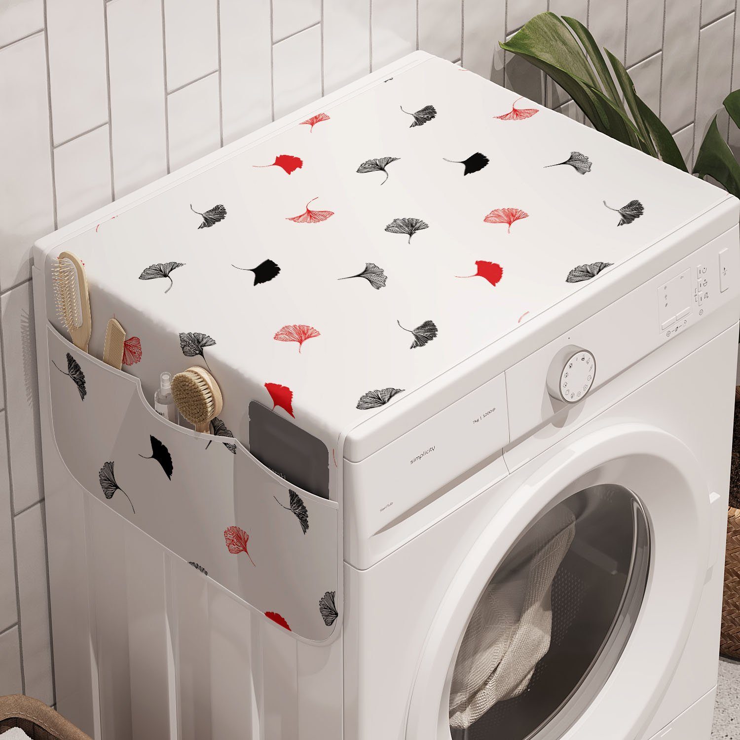Rot Schwarz Abakuhaus Badorganizer Waschmaschine Anti-Rutsch-Stoffabdeckung Trockner, Ginkgo-Blätter Blatt für und
