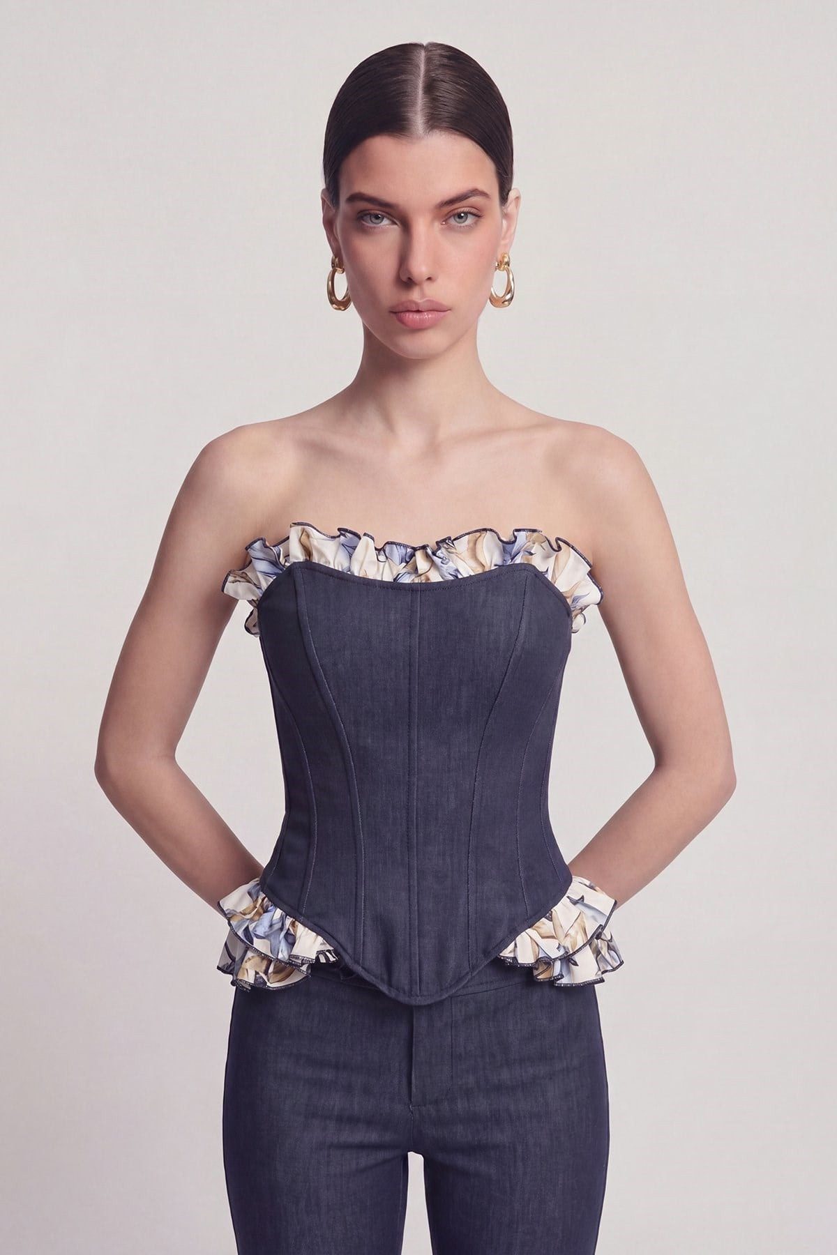 HOLLY LOLLY Blusenbody Denim Rüschencorsage Top Marineblau