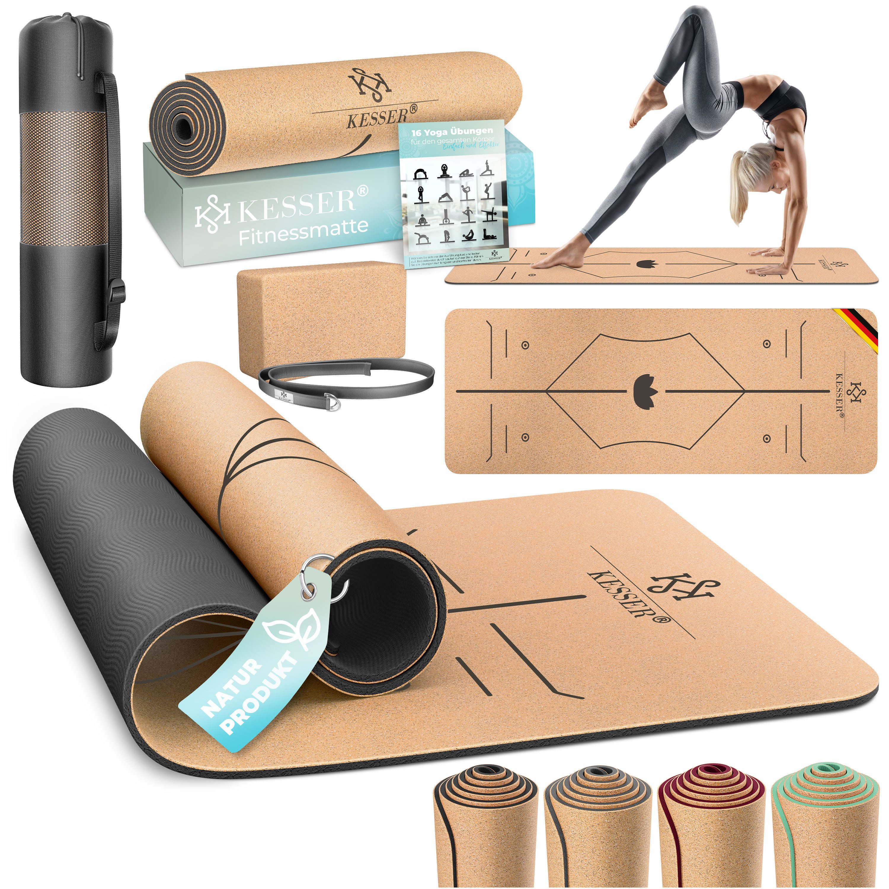 KESSER Yogamatte, Fitnessmatte Kork mit Tragegurt & Tasche Gymnastikmatte Trainingsmatte