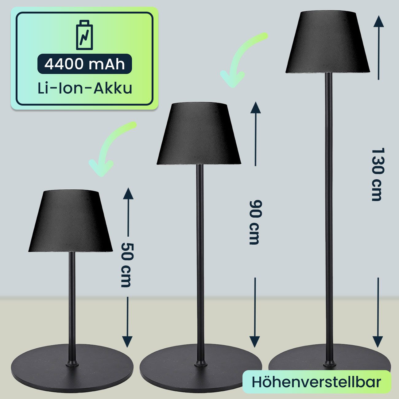 shop'n smile ideoon LED Stehlampe 4W Dimmbare Stehlampe Höhenverstellbar 50/90/130cm Akkubetrieb IP54, LED, (2700K) warmweiß, ca. 10 Std. Akkulaufzeit, 2700K LED-Licht, Lampenkopf Ø14 cm x H10 cm