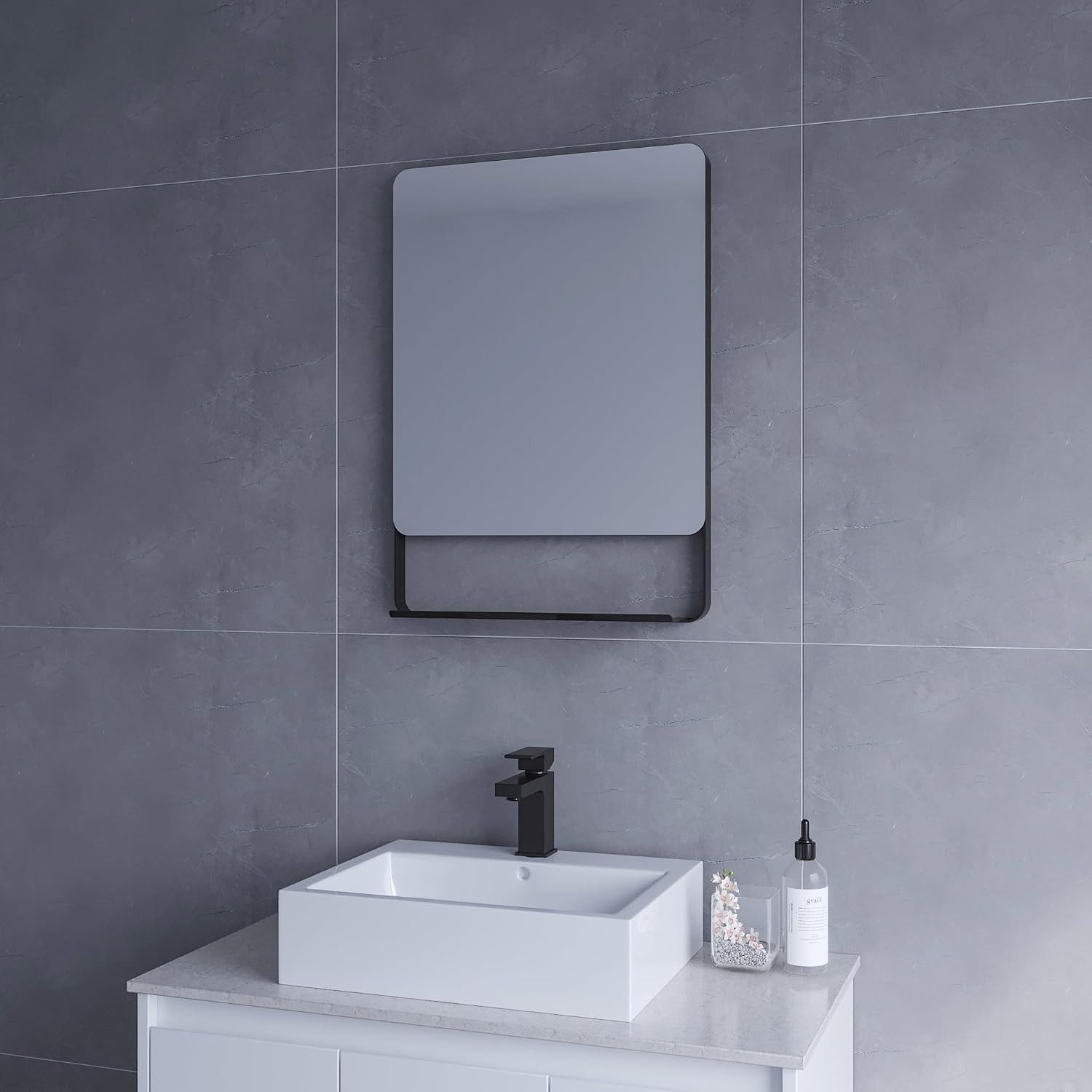 AQUALAVOS Spiegel Wandspiegel mit Ablage Schwarzer Aluminiumrahmen 4 mm Kristallglas Bad, 50x70 80x60 cm ohne LED Umweltfreundliches Material Einfache Montage