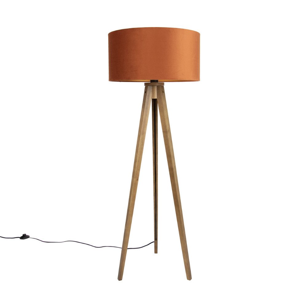 Qazqa Stehlampe Tripod classic, ohne Leuchtmittel, Kaltweiß, QAZQA Stehlampe, e27, Braun, Holz, Landhaus