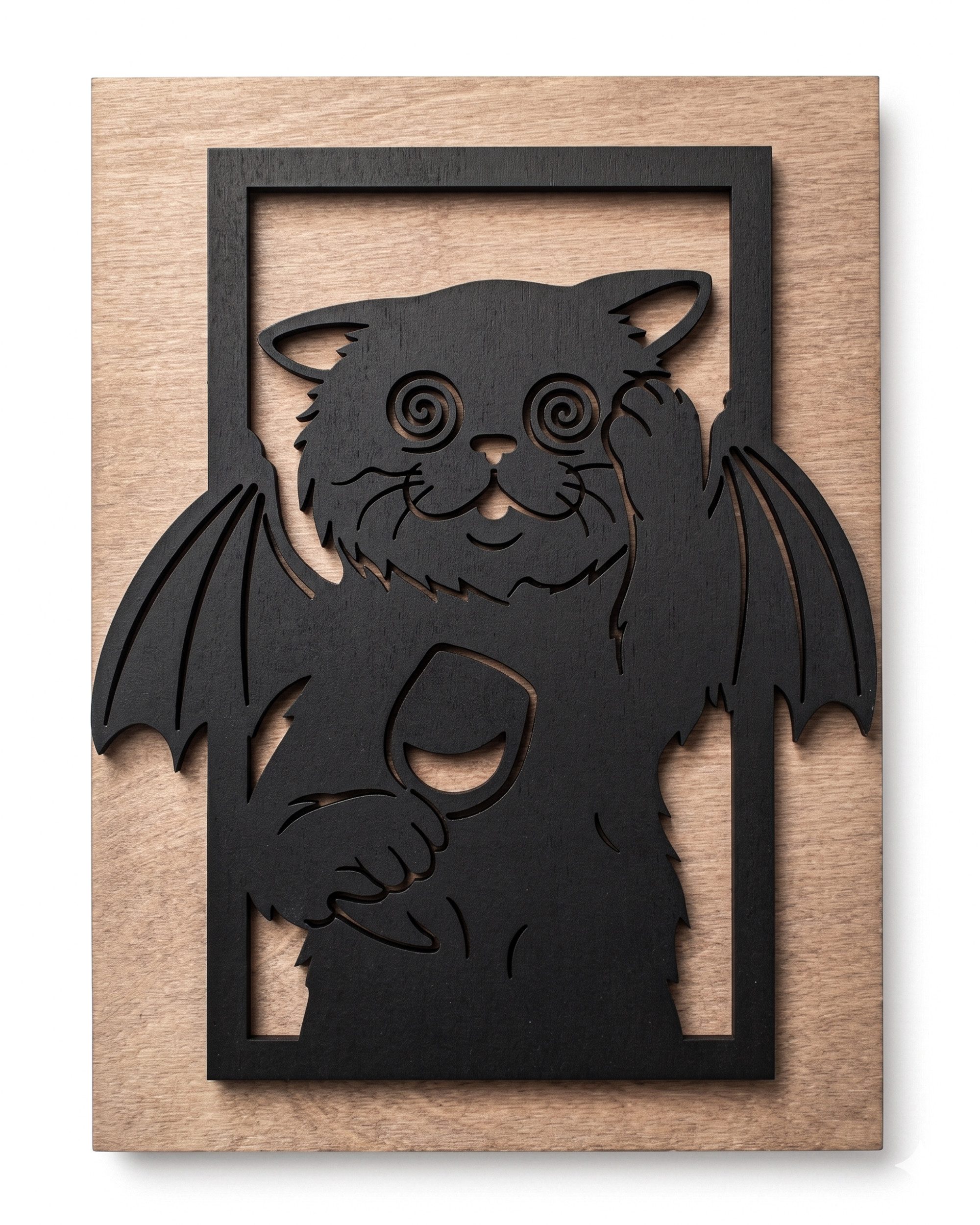 ORNAMENTI Wanddekoobjekt 3D Gemütliche Gotische Schwarze Fledermaus - Katze, Weinliebhaber (victorianisch, lustige Katze, Dark Academia, Hingucker Deko, Hexen - Zimmerdeko, Halloween), Handgefertigte Holzkunst, Verzierung fur Zuhause
