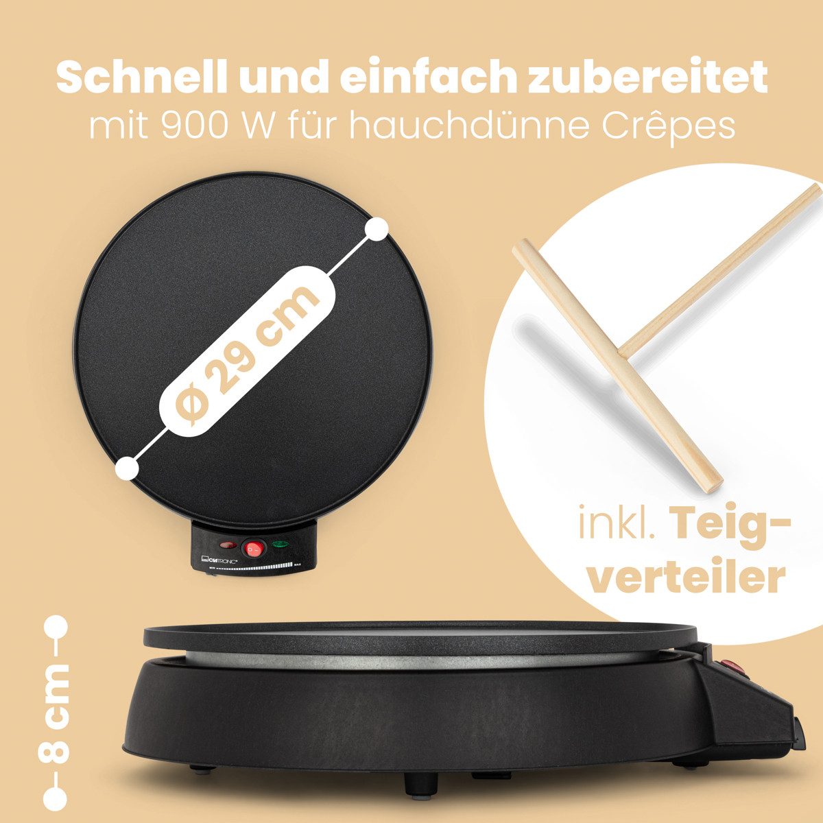 CLATRONIC Crêpesmaker CM 3372, Crepes Maker mit Ø 29 cm inkl. Teigverteiler