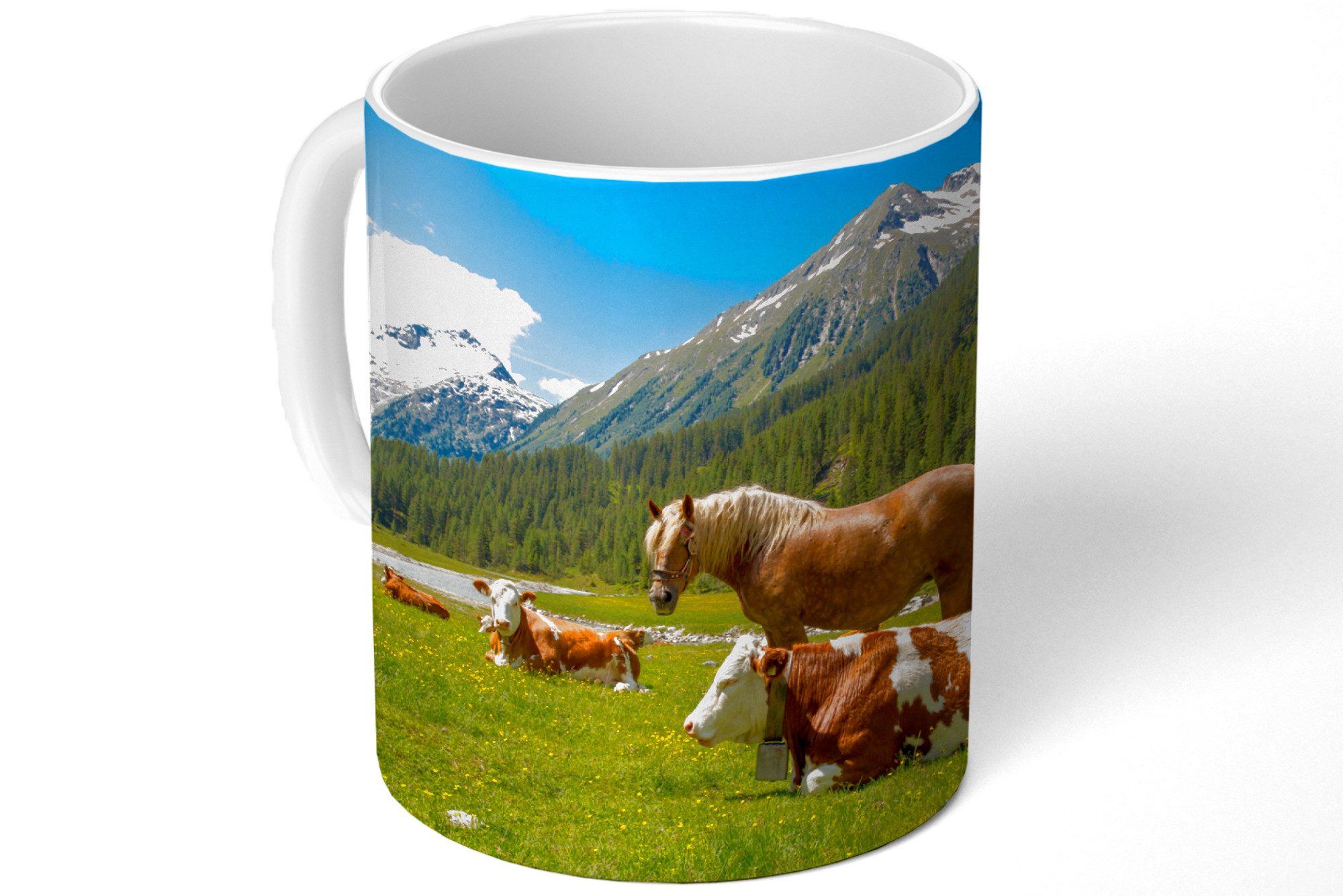 MuchoWow Tasse Kühe - Pferde - Alpen, 1-tlg., Keramik, Kaffeetassen, Teetasse, Becher, Kaffeebecher, Geschenk