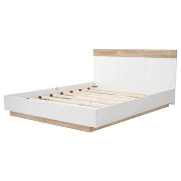 OKWISH Massivholzbett Doppelbett (Kiefernholz Doppelbett mit Lattenrost, 205x144x90.5 cm(T/B/H) Set in Eiche Sonoma/Weiß(Ohne Matratze), 140x200cm