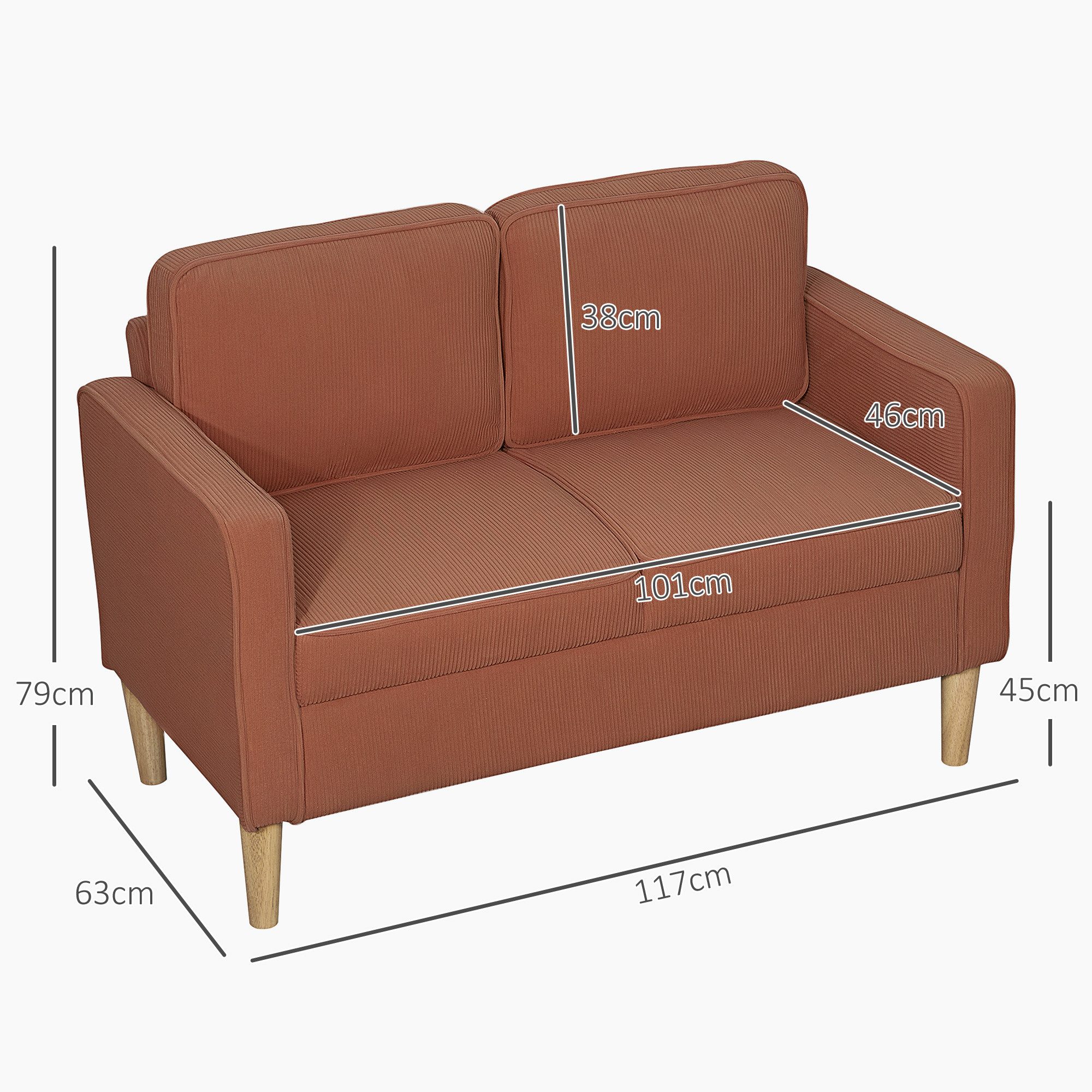 HOMCOM 2-Sitzer Sofa mit 2 Armlehne, Stauraum, Kleine Loveseat, Holzbeine, Couch 1 Teile, aus Corduroy für Wohnzimmer, Schlafzimmer, Orange 117 x 63 x 79 cm