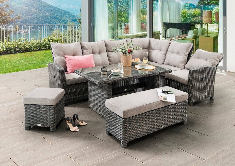 Destiny Gartenlounge-Set SANTA PONSA DE LUXE, (20-tlg), Ecklounge, 1 Tisch  140x80x66 cm, 1 Bank, 1 Hocker, inkl. Auflagen