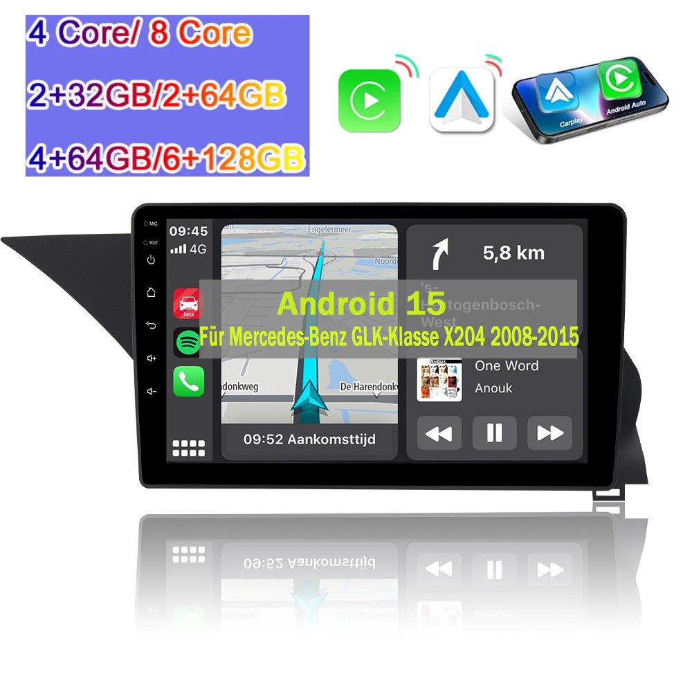 A-Sure Android 15 Carplay Navi Für Mercedes-Benz GLK-Klasse X204 2008-2015 Autoradio (Digitalradio (DAB), FM, AM)