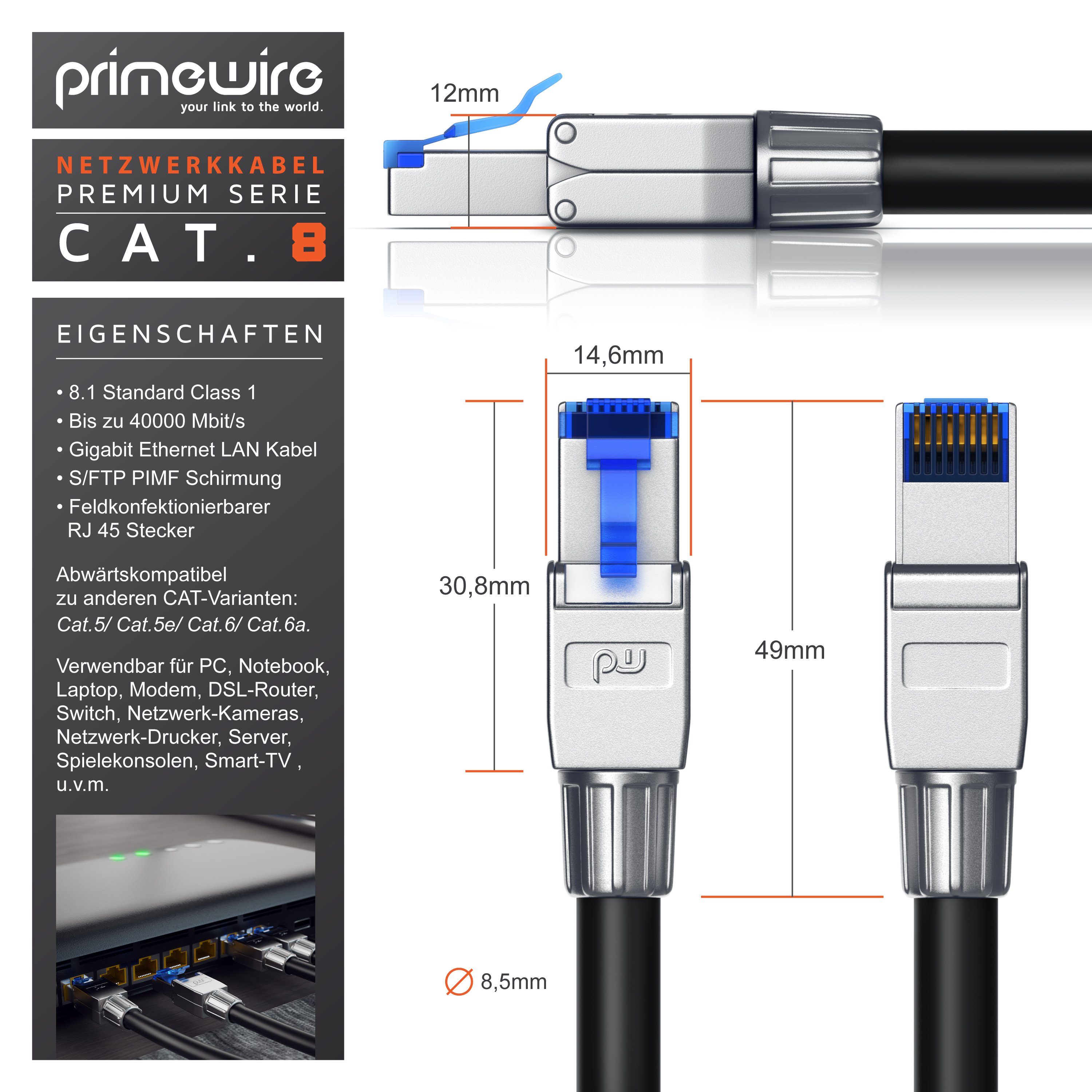 Primewire LAN-Kabel, CAT.8, RJ-45 (Ethernet) (25 cm), Netzwerkkabel CAT 8, Gigabit Ethernet 40 Gbit/s S/FTP Patchkabel 0,25m