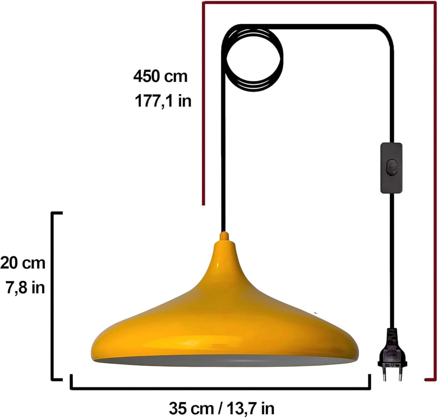 Bamyum Pendelleuchte Champion Pendelleuchte mit Stecker 35 cm, Metall mit 450 cm Kabel, ohne Leuchtmittel – Bild 5 von 5