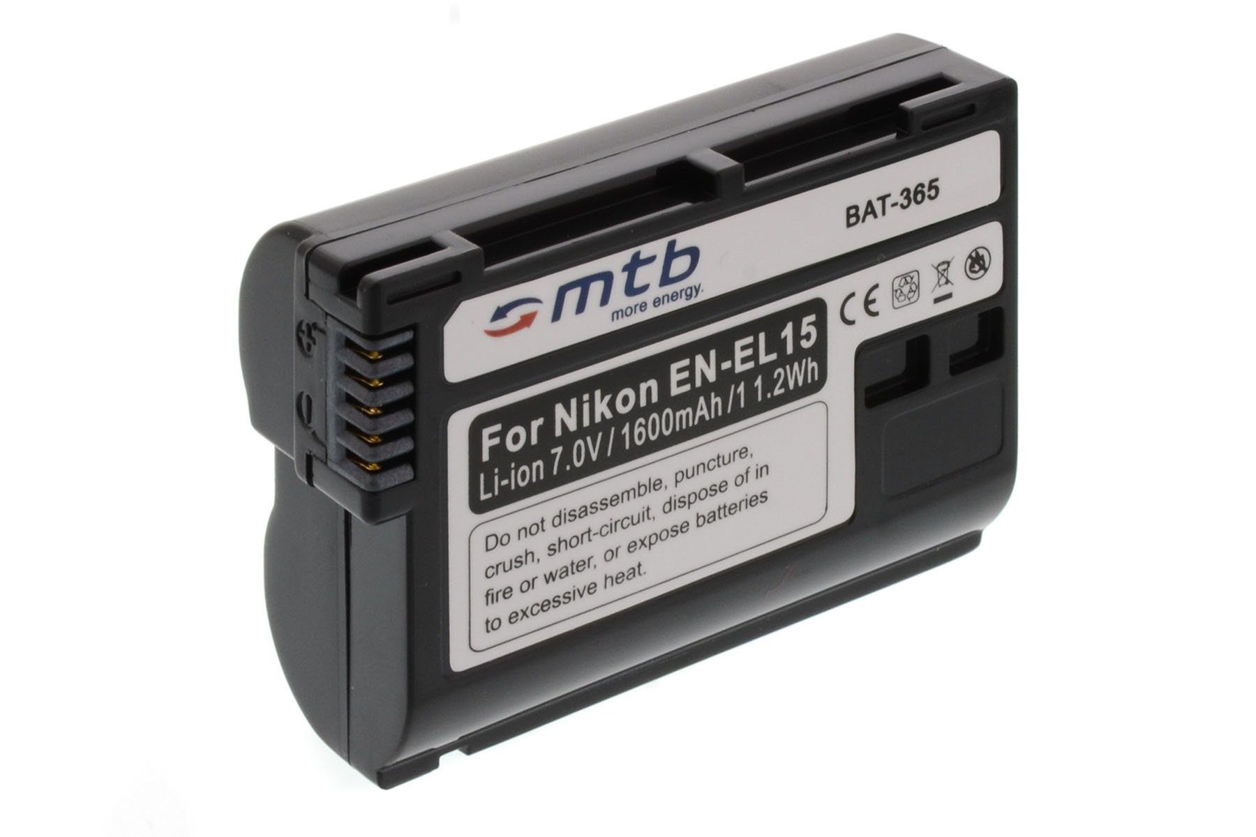 mtb more energy [BAT-365 - Li-Ion] Kamera-Akku kompatibel mit Akku-Typ Nikon EN-EL15 1600 mAh (7,0 V), passend für: Nikon 1 V1 / Nikon D600, D610, D750, D800, D800E, D810, D810A, D810E, D850…