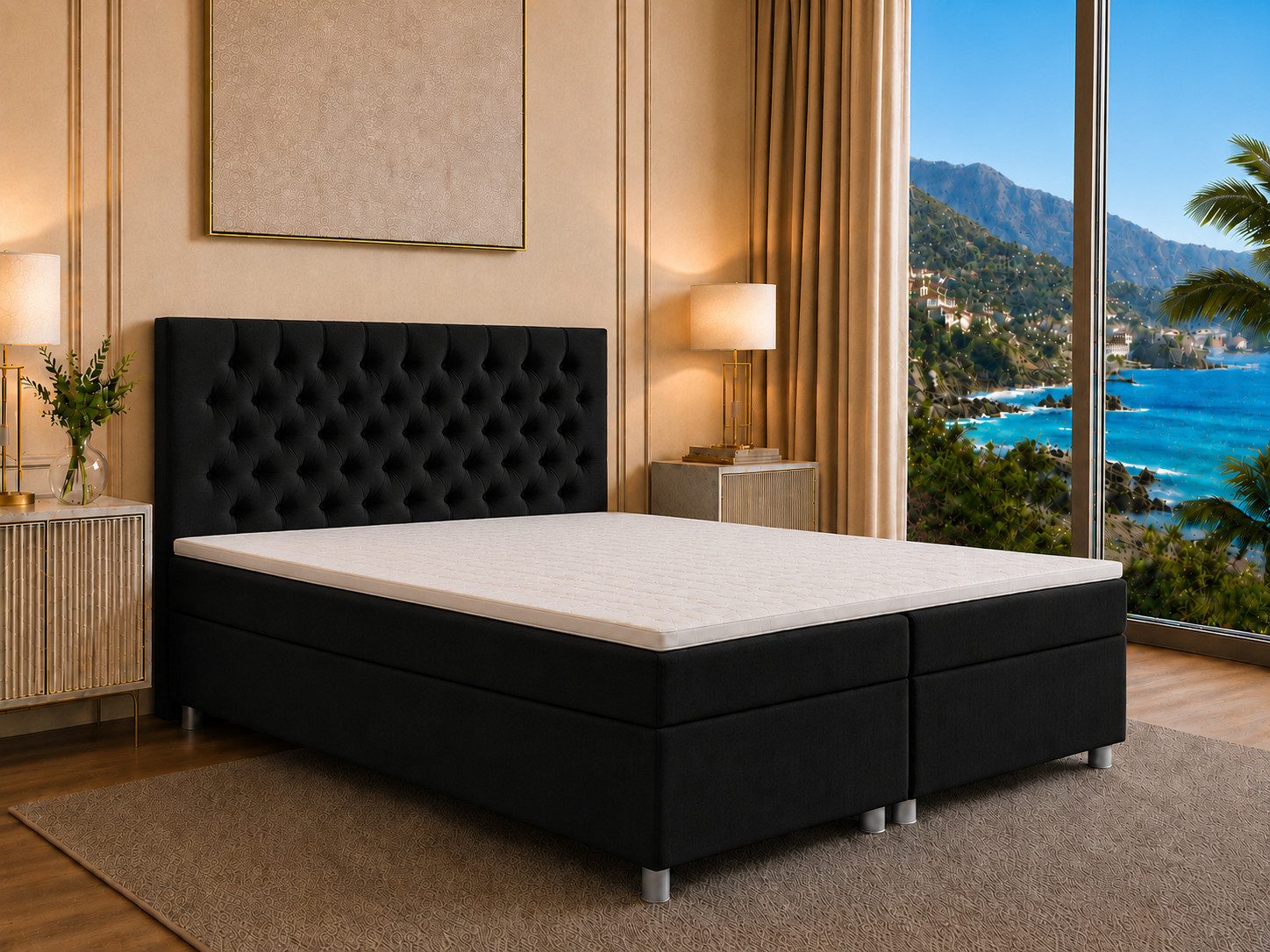 Best for Home Boxspringbett Boxspringbett Trinity K-14 mit 7-Zonen-Matratze und Stauraum (Boxspringbett-Set, 1-St., Boxspringbett-Set inklusive Matratze, Topper und Bettkästen), 7-Zonen-Matratze, PUR-Schaum-Topper, gepolstertes Kopfteil