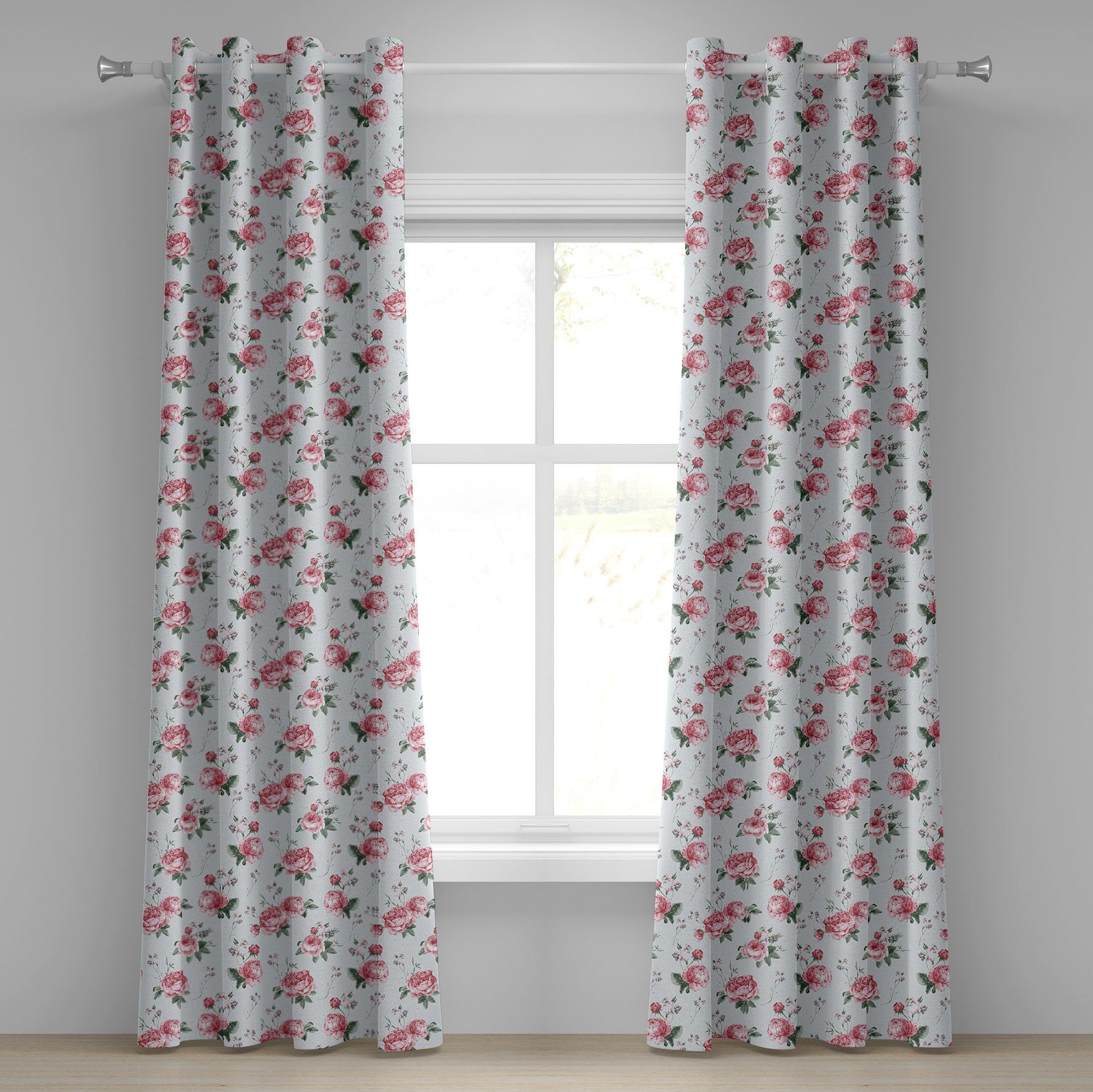 Dekorative Gardine Abakuhaus, Schlafzimmer für Romantisch Wohnzimmer, 2-Panel-Fenstervorhänge Frühlings-Blumen-Rosen