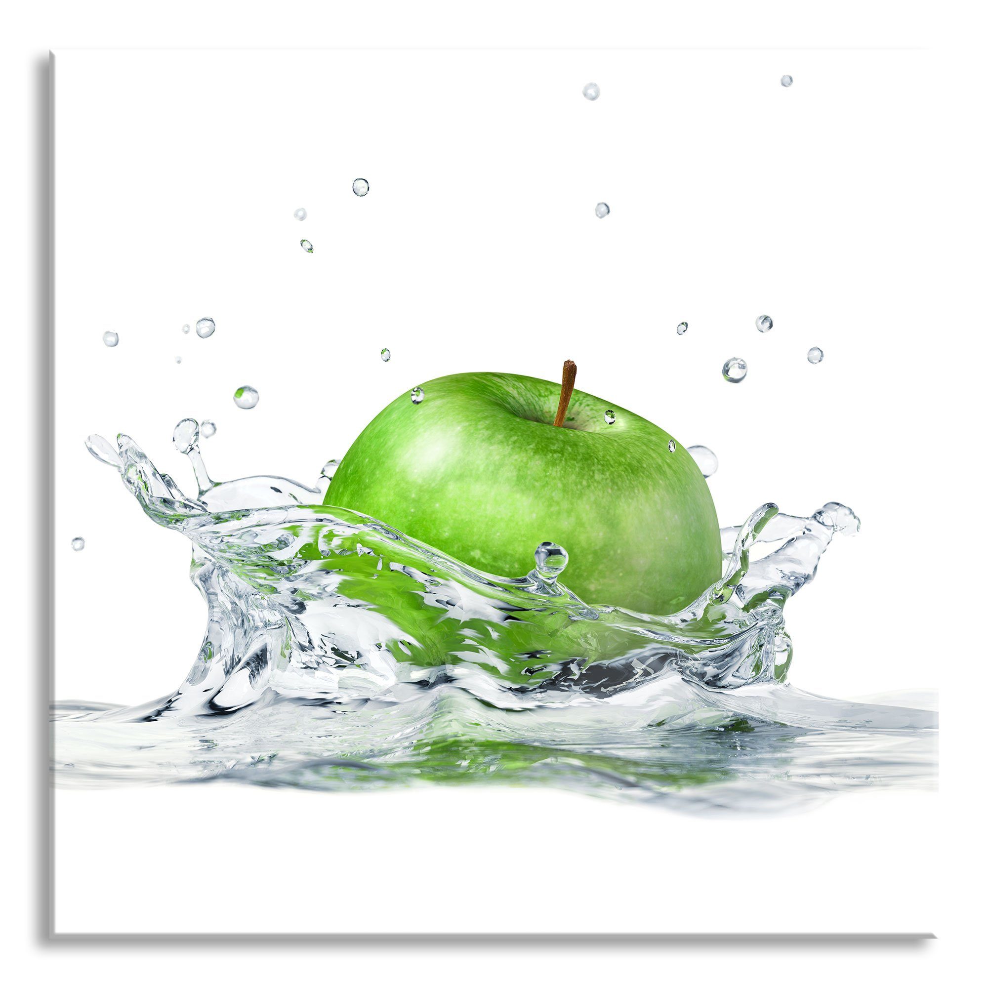 Pixxprint Glasbild Grüner Apfel fällt in Wasser, Grüner Apfel fällt in Wasser (1 St), Glasbild aus Echtglas, inkl. Aufhängungen und Abstandshalter