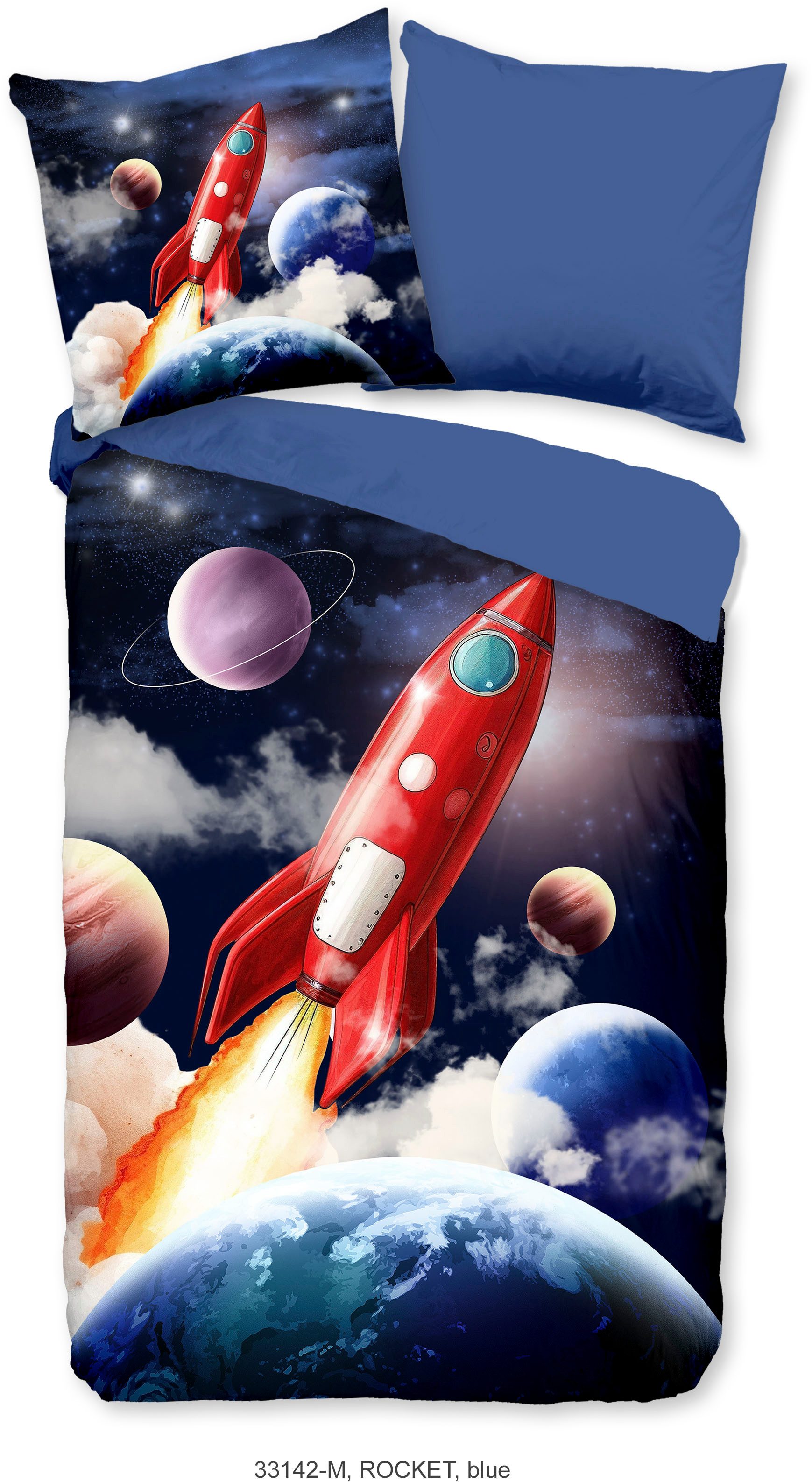 PURE luxury collection Kinderbettwäsche Rocket, Microfaser, 2 teilig, Mikrofaser, 135x200, Wende, Kind, Junge, Rakete Weltraum Weltall, Blau