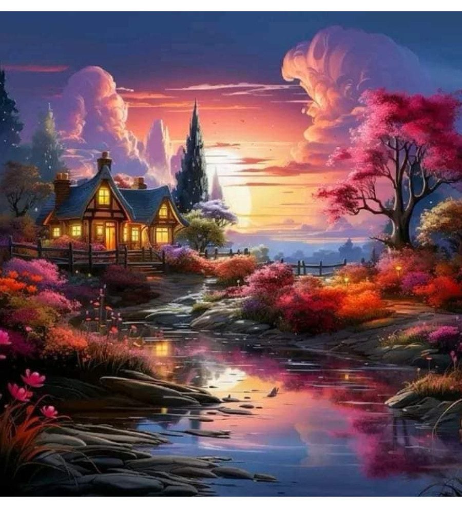 Rötting Design Malen nach Zahlen Diamond Painting Set 5d DIY Motiv Landhaus im Sonnenuntergang (Komplett-Set), Diamond Painting Vollbild, Lieferung enthält alle Utensilien