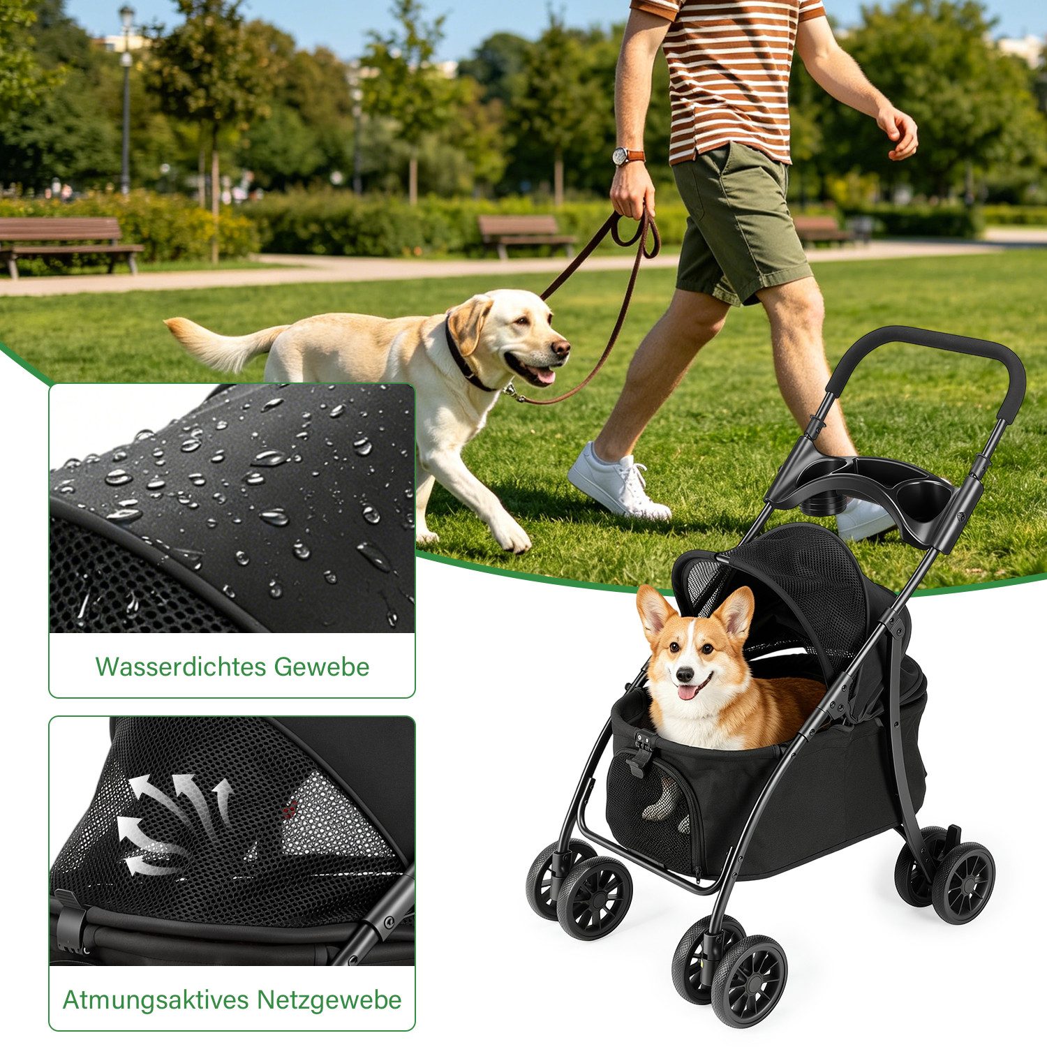 oyajia Hundebuggy Hundewagen Haustiere Buggy für Hunde und Katzen 4 Rädern,klappbar, (Kinderwagen für kleine Haustiere,für Mittelgroße und kleine Hunde), Haustierbuggy, Faltbar,Getränkehalter