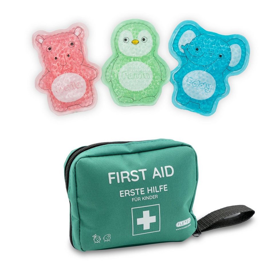 FLEXEO Erste-Hilfe-Set, Mehrfachkompressen für Kinder, (47 St), Notfallset  für Kinder mit Kühlpads