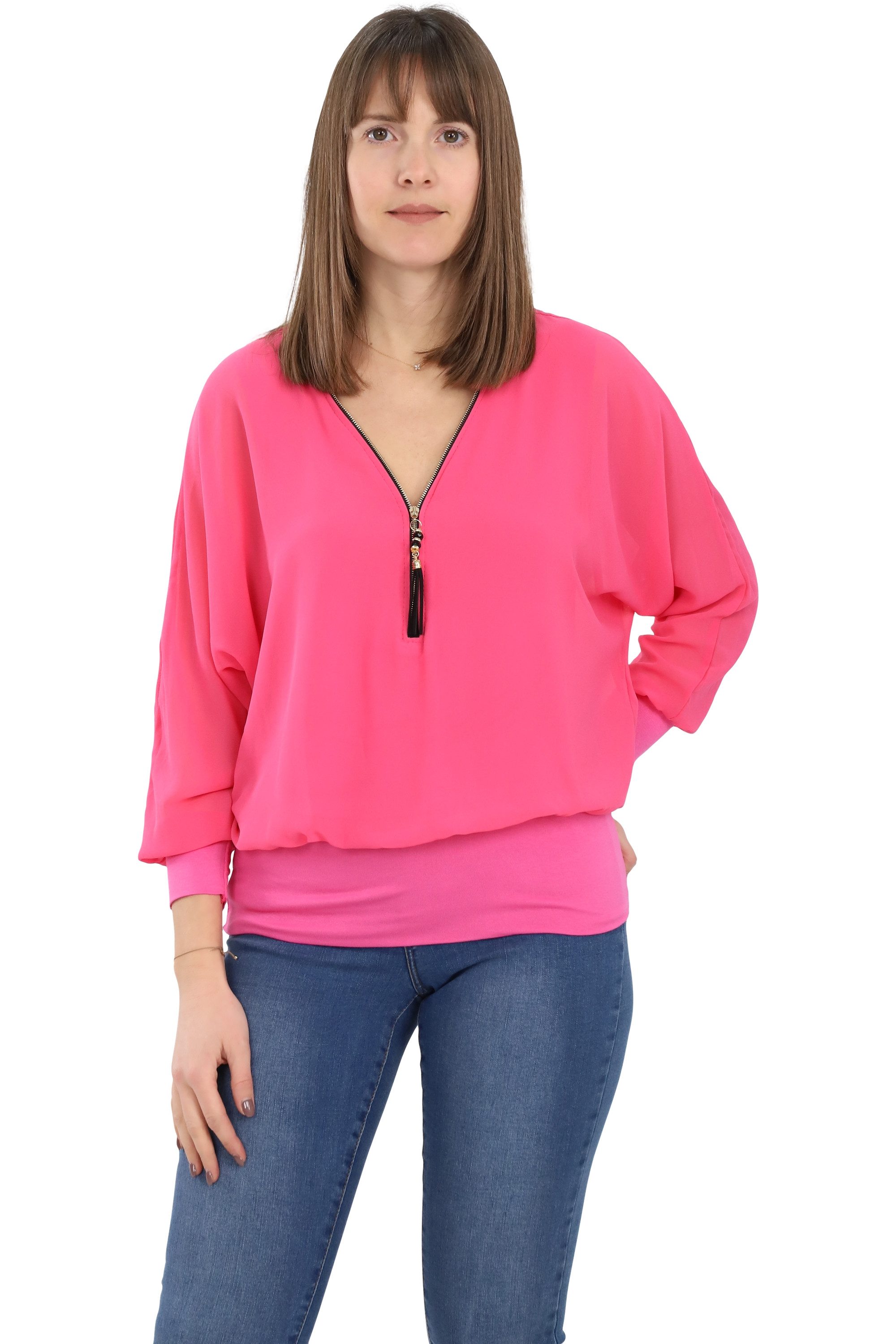 malito more than fashion Chiffonbluse malito Damen Bluse im Fledermaus Look, Tunika mit Zipper, kurzarm Bluse mit Fledermausärmeln Einheitsgröße