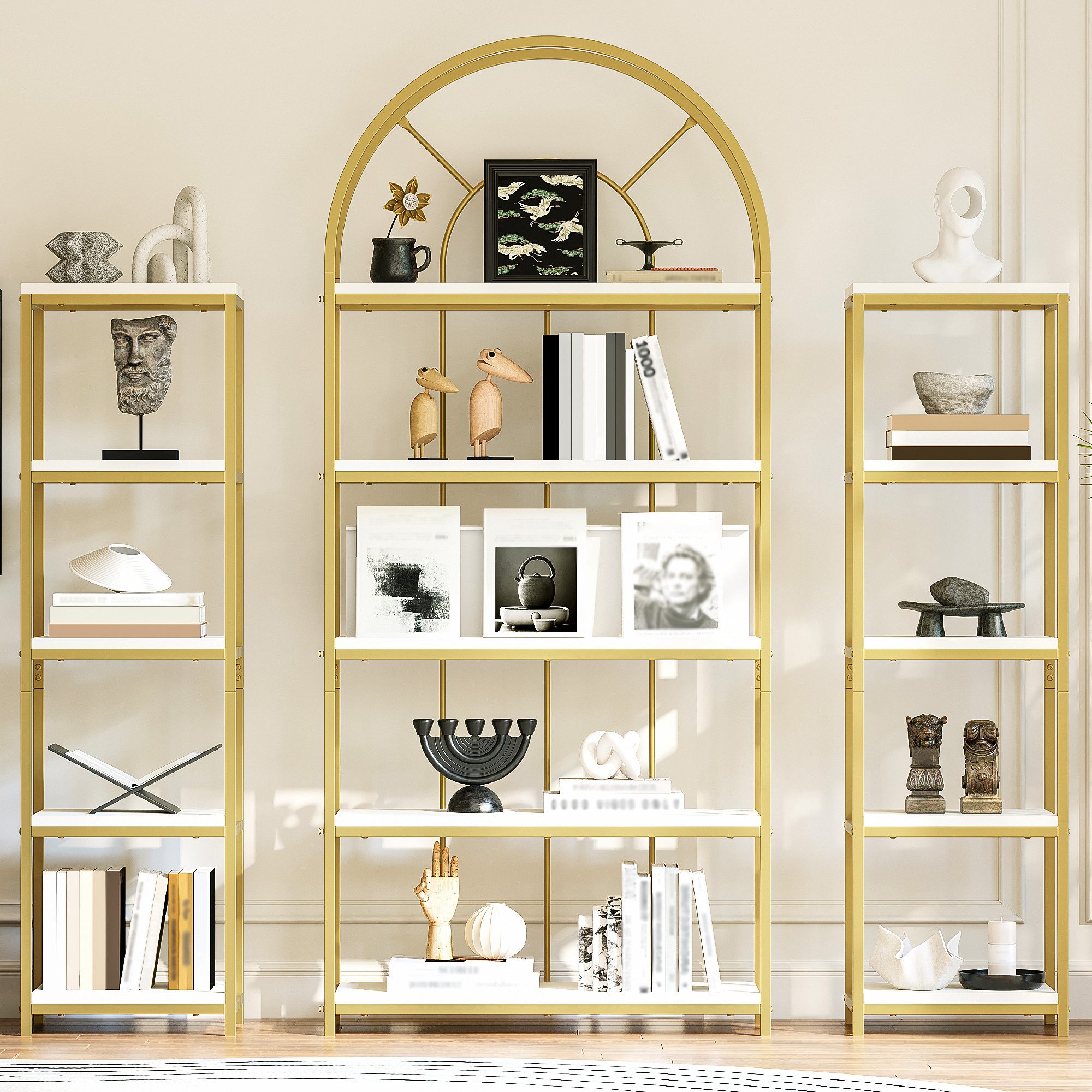 HAUSS SPOLE Bücherregal 3-teilig mit Bogen-Design,Standregal-set Displayregal mit Metallrahmen, Standregal für Bücher, Pflanzen, Geschirr oder Sammlerstücke, nebeneinander aufstellen oder separat platzieren