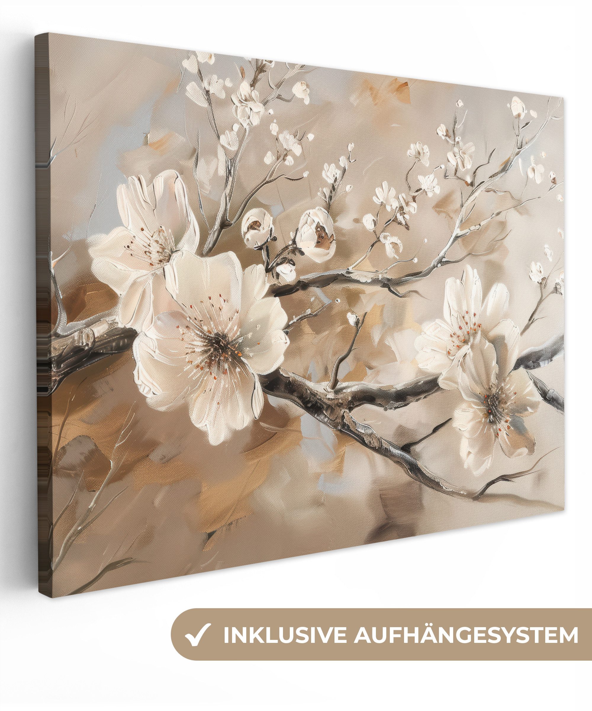OneMillionCanvasses® Leinwandbild Blumen - Natur - Weiß - Blüte - Abstrakt, Fotodruck (1 St), Leinwand Bilder für Wohnzimmer Schlafzimmer 80x60 cm