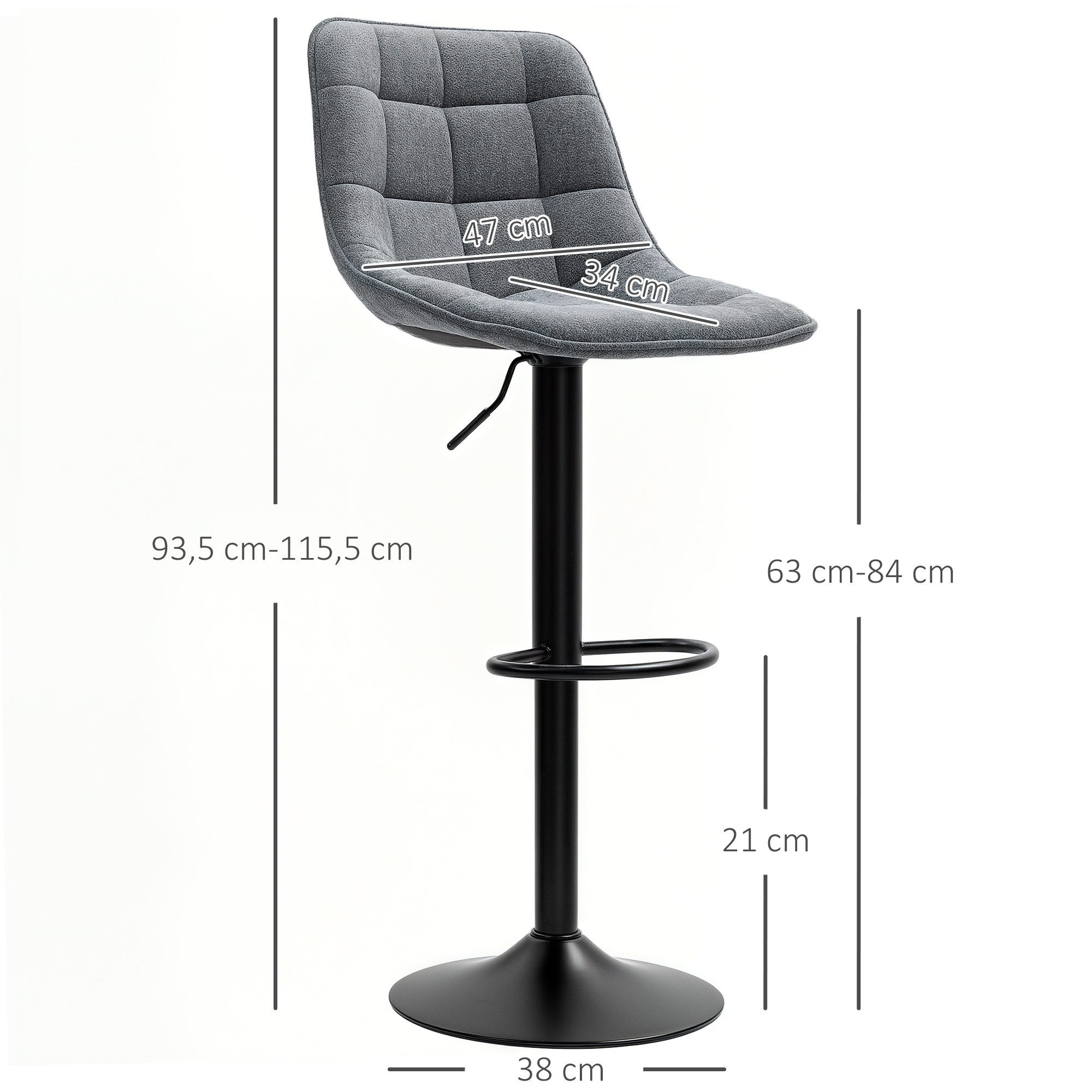 HOMCOM Barhocker Barhocker 2er-Set, 360° drehbar Barstuhl mit Lehne, Stahlgestell (Höhenverstellbare Küchenstühle mit Fußstütze, 2 St., Gepolstert Barstuhl), Drehbar Tresenhocker für Küche, Wohnzimmer Dunkelgrau