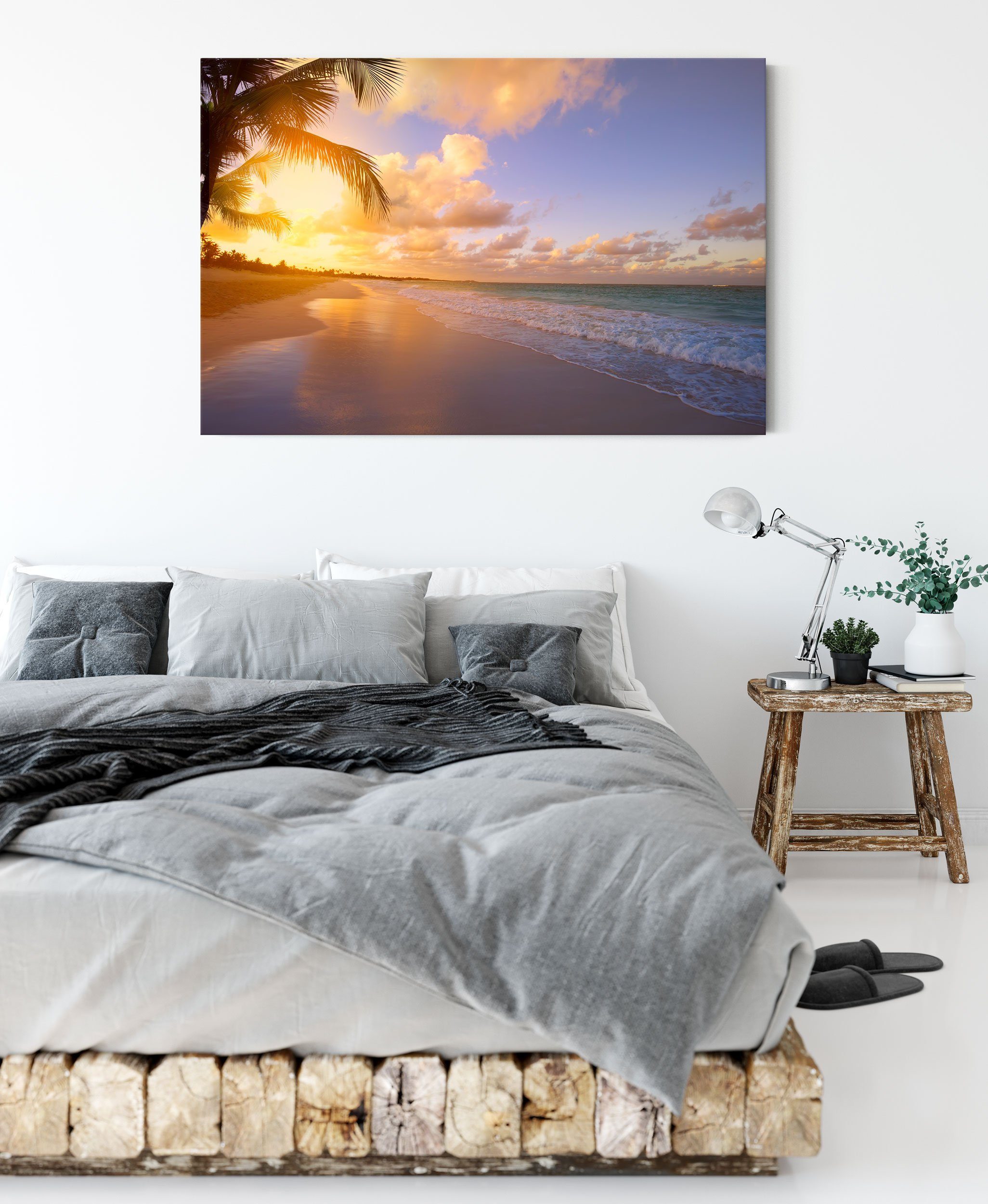 Strand (1 inkl. bei Leinwandbild St), Sonnenuntergang bei Pixxprint Strand fertig Zackenaufhänger Leinwandbild Sonnenuntergang, bespannt,