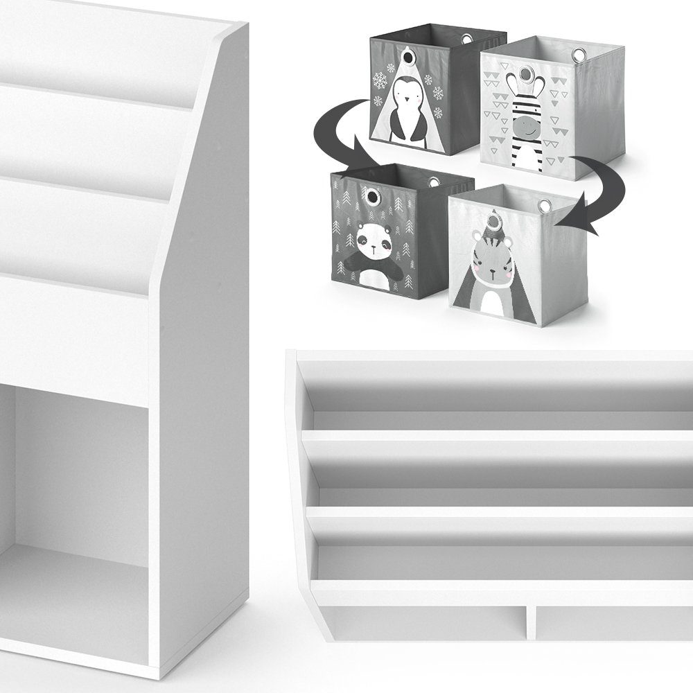 LUIGI Kinderregal (Dunkelgrau, Hellgrau) + Faltboxen (matt) Bücherregal Vicco Weiß – Spielzeugablage Weiß