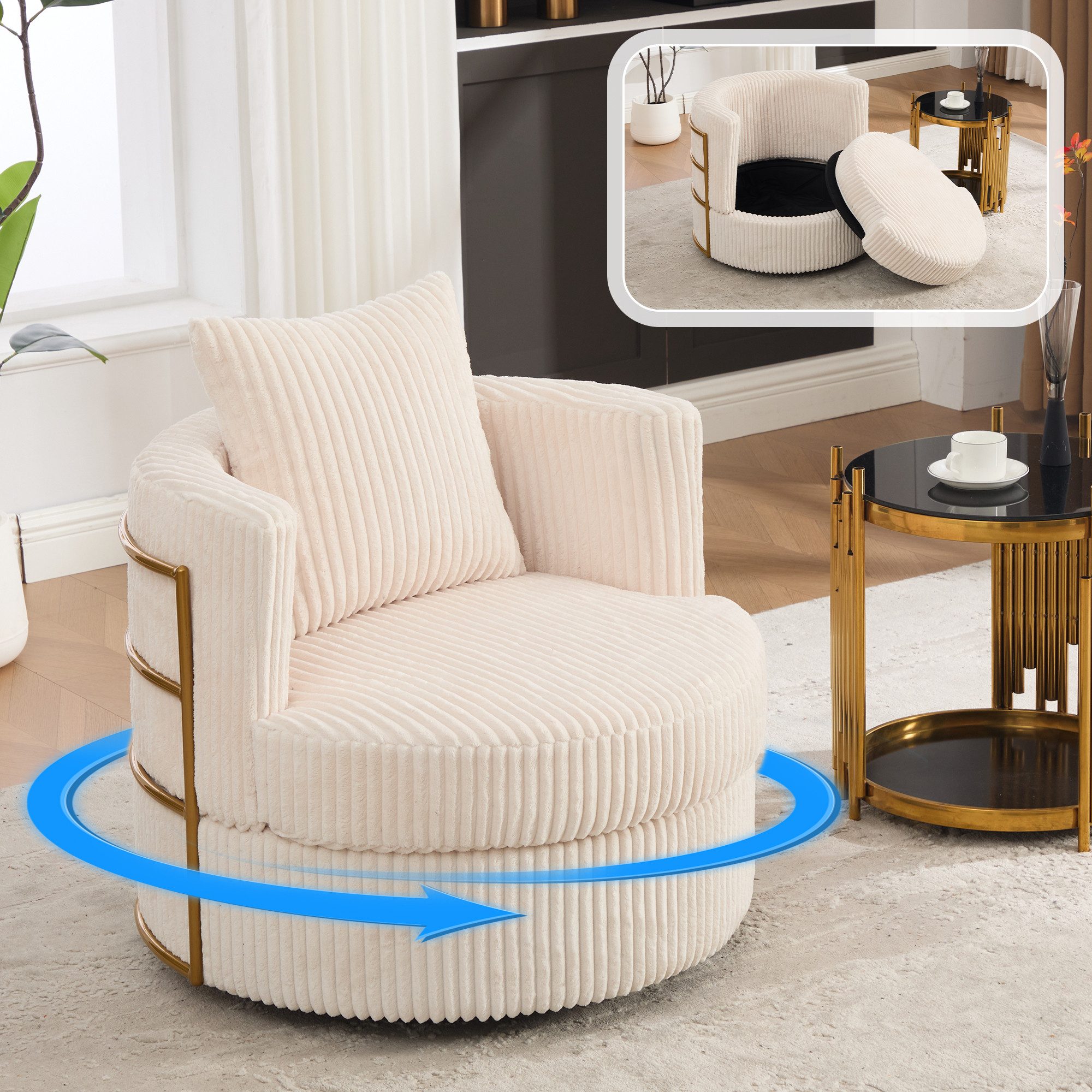 BlingBin Loungesessel Drehsessel aus Cord, 360° drehbarer Sessel mit Stauraum (1er Set, 1-St., 76 × 79 × 78 cm), Gepolsterter Cocktailsessel für Wohnzimmer und Schlafzimmer