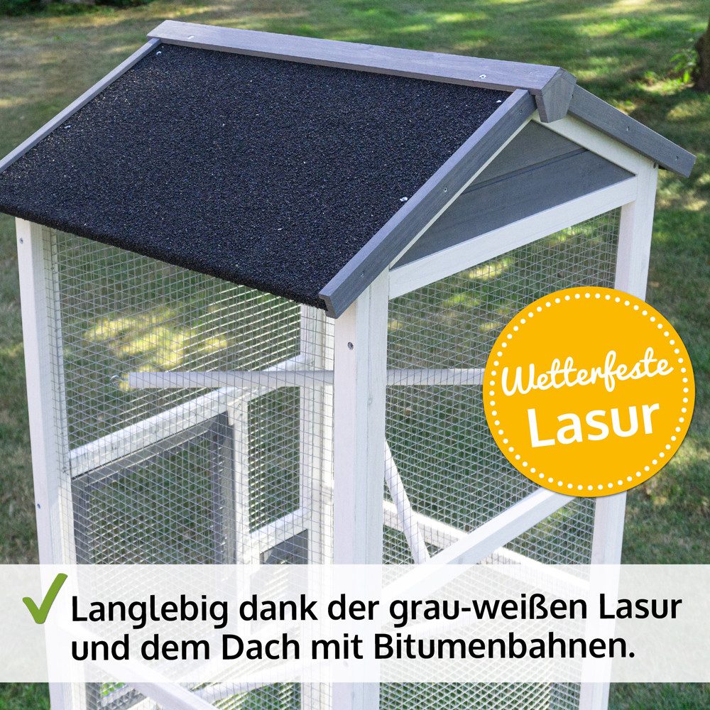 Zooprinz Vogelhaus Vogelvoliere Apollo aus wetterfesten Kiefernholz, Bitumendach, Kotschublade, Sitzstangen, 12 mm Maschenweite