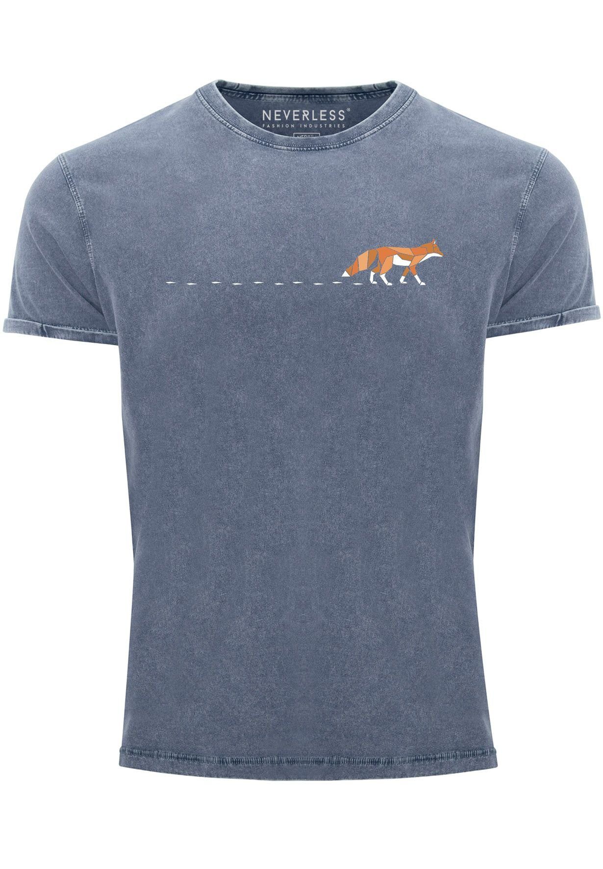 Neverless Print-Shirt Herren T-Shirt Vintage Fuchs Fox Wald Tiermotiv Logo Print Badge Fashi mit Print blau