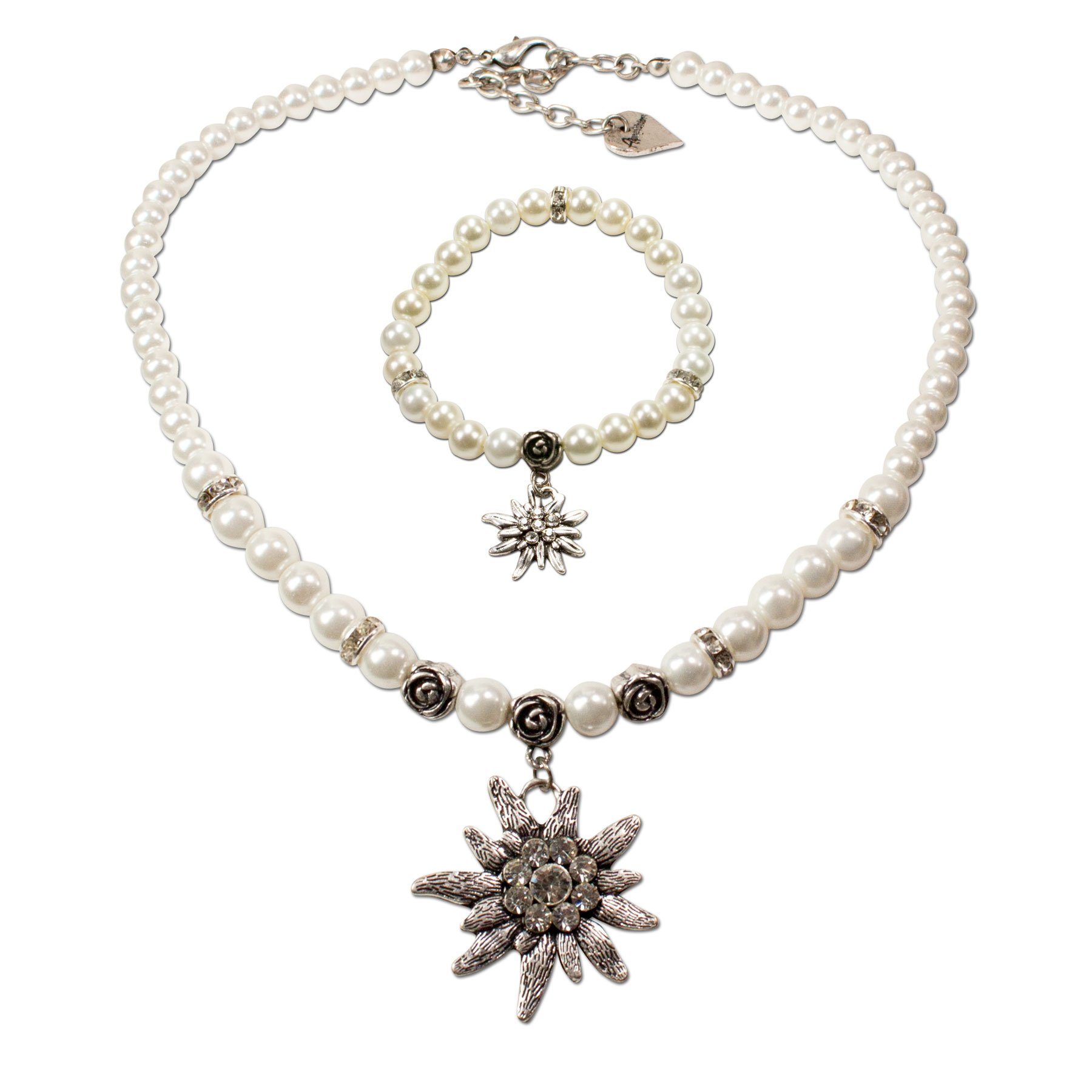 Ketten-Set Trachtenschmuck-Set Perlen-Trachtenkette und Trachten-Armband Strass-Edelweiß (creme-weiß)