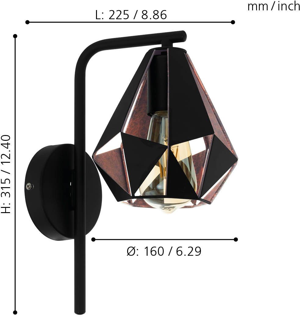 EGLO Wandleuchte CARLTON 4 Wandlampe, IP20, Stahl, Wohnzimmerlampe, Bürolampe, Lampe, ohne Leuchtmittel, Wandleuchte, L16 x H31,5 cm, schwarz, kupferfarben-antik, 1X60W exkl.