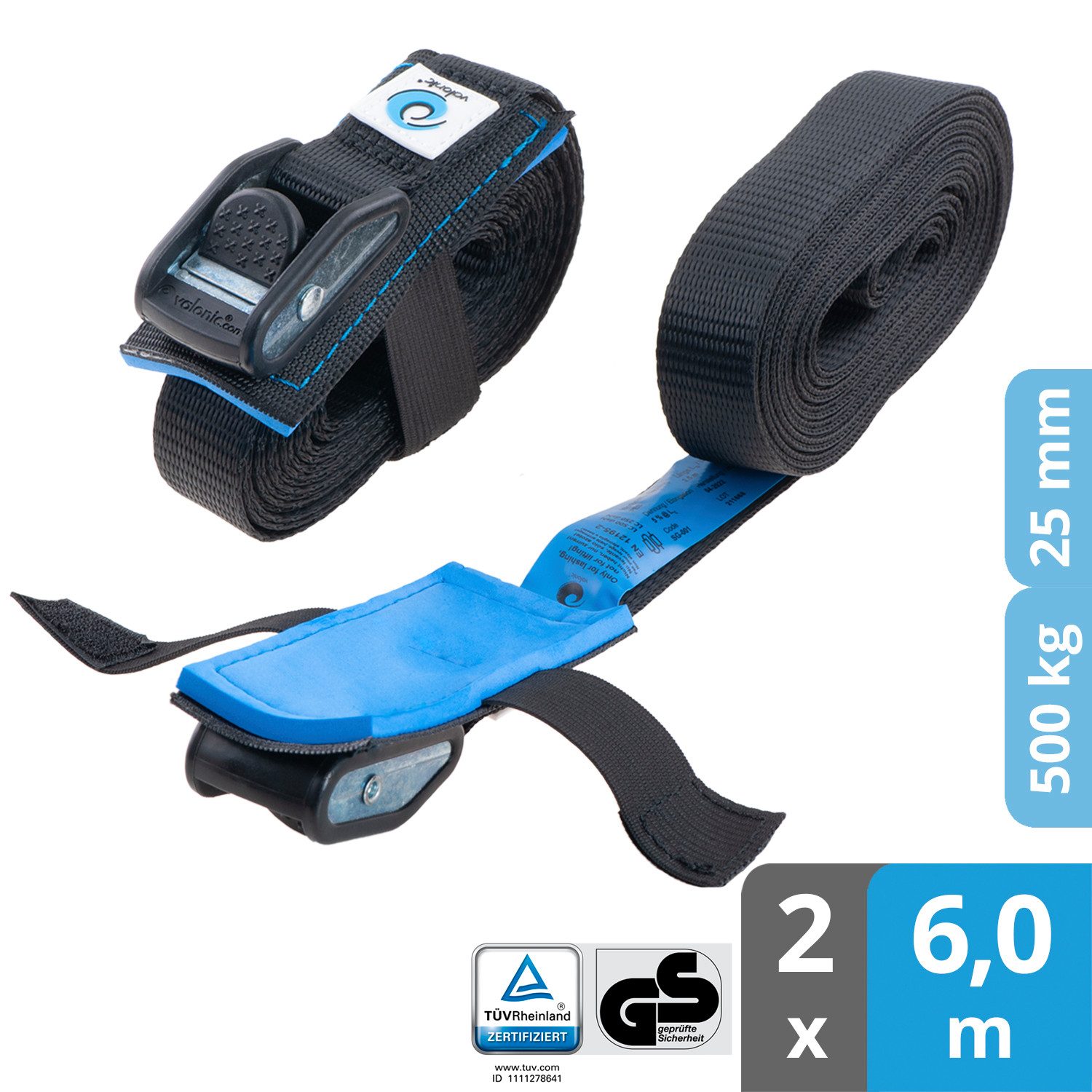 valonic Spanngurt valonic DOLPHIN Spanngurte 2x 1-6m Klemmschloss TÜV-GS 500kg Zurrgurte (2er Set, 2 Stück Klemmschlussgurt) Verzurrgurt für SUP Board oder Kajak