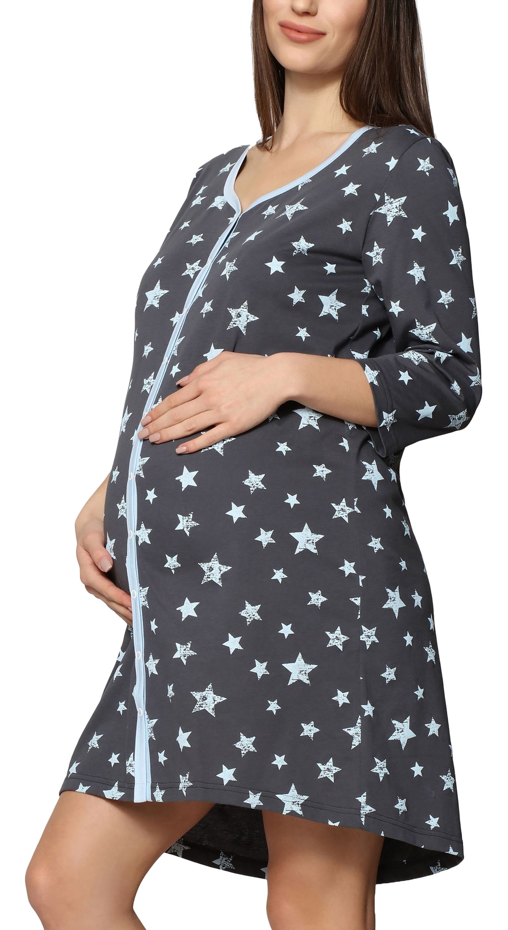 Be Mammy Umstandsnachthemd Damen Umstands Nachthemd 3/4 Arm mit Stillfunktion BE20-276 (1-tlg) Graphit Sterne Blau | Nachthemden