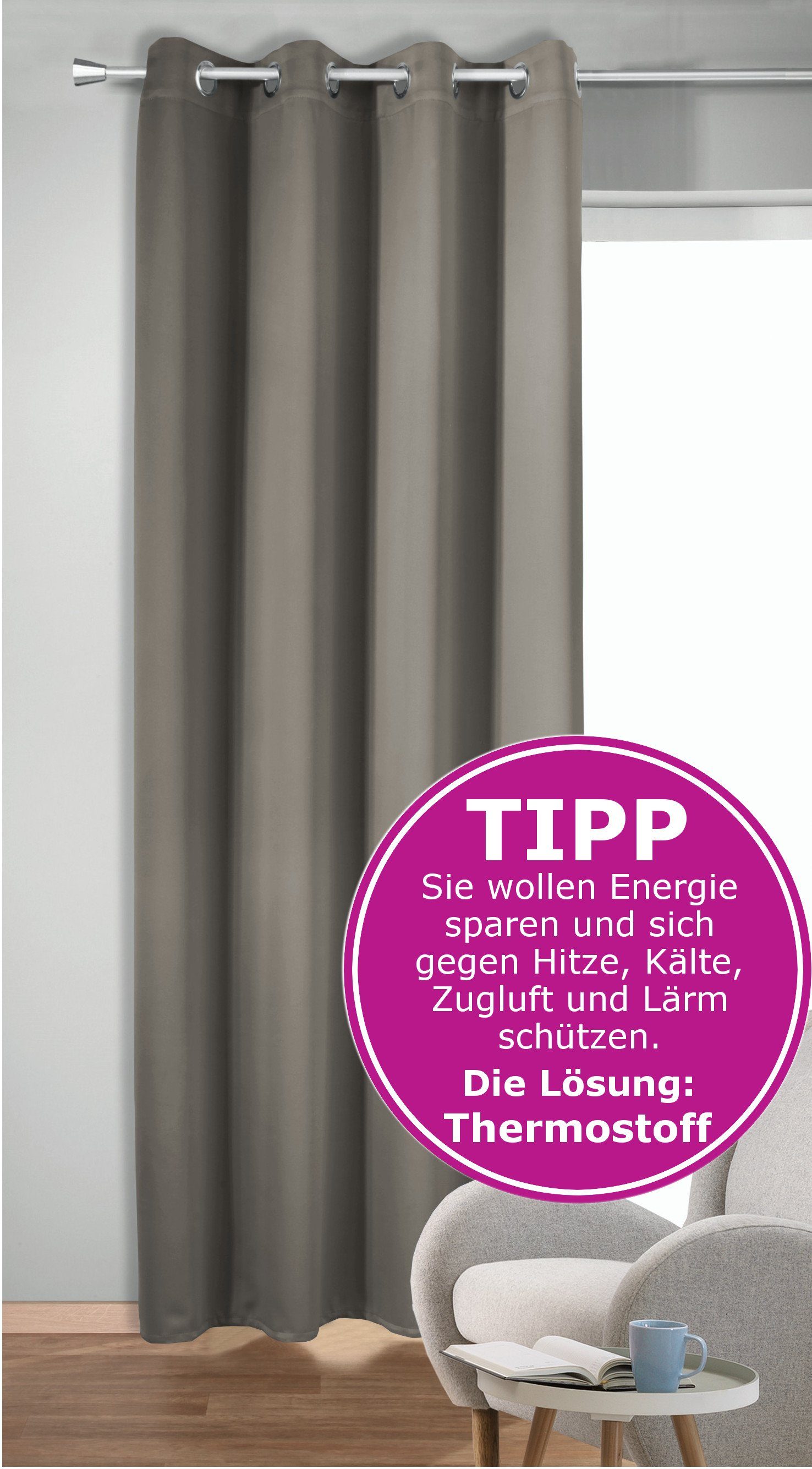 Gardinen-Welt Online Shop - Verdunklungschal in grau aus Thermostoff mit  Ösen 135 x 245 cm