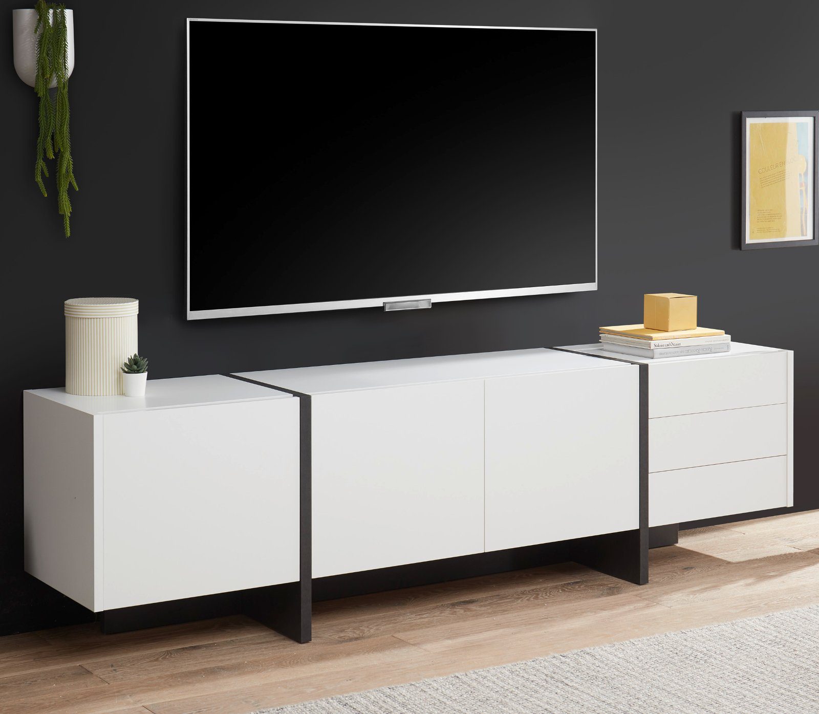 IMV Lowboard Design-M (TV Unterschrank in weiß mit grau, Komforthöhe),  Breite 210 cm, mit Push-To-Open, mit Soft-Close