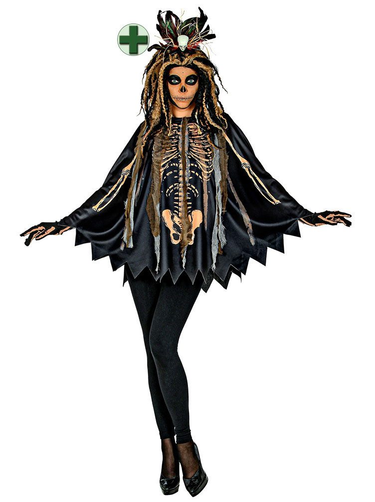 Karneval-Klamotten Kostüm Voodoo Poncho Damen gruselig m Totenkopf Haarreif, Halloween Frauenkostüm mit Skelett Aufdruck Karneval Fasching